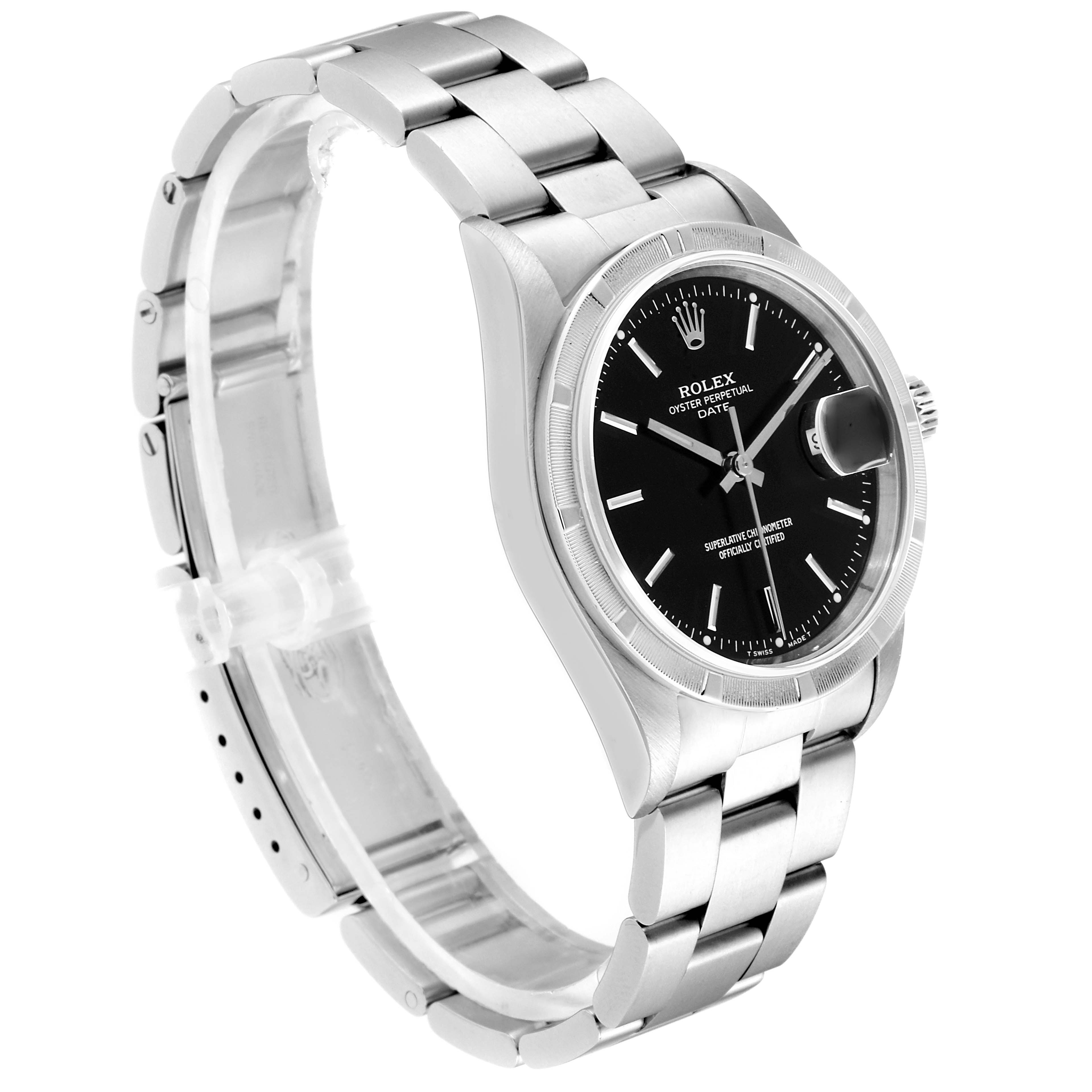 The Rolex Date 15210 Men's Stainless Steel Black Dial 15210 Men's Stainless Steel Black Dial model watch is shown at a slight angle, displaying the face, bezel, and part of the bracelet.