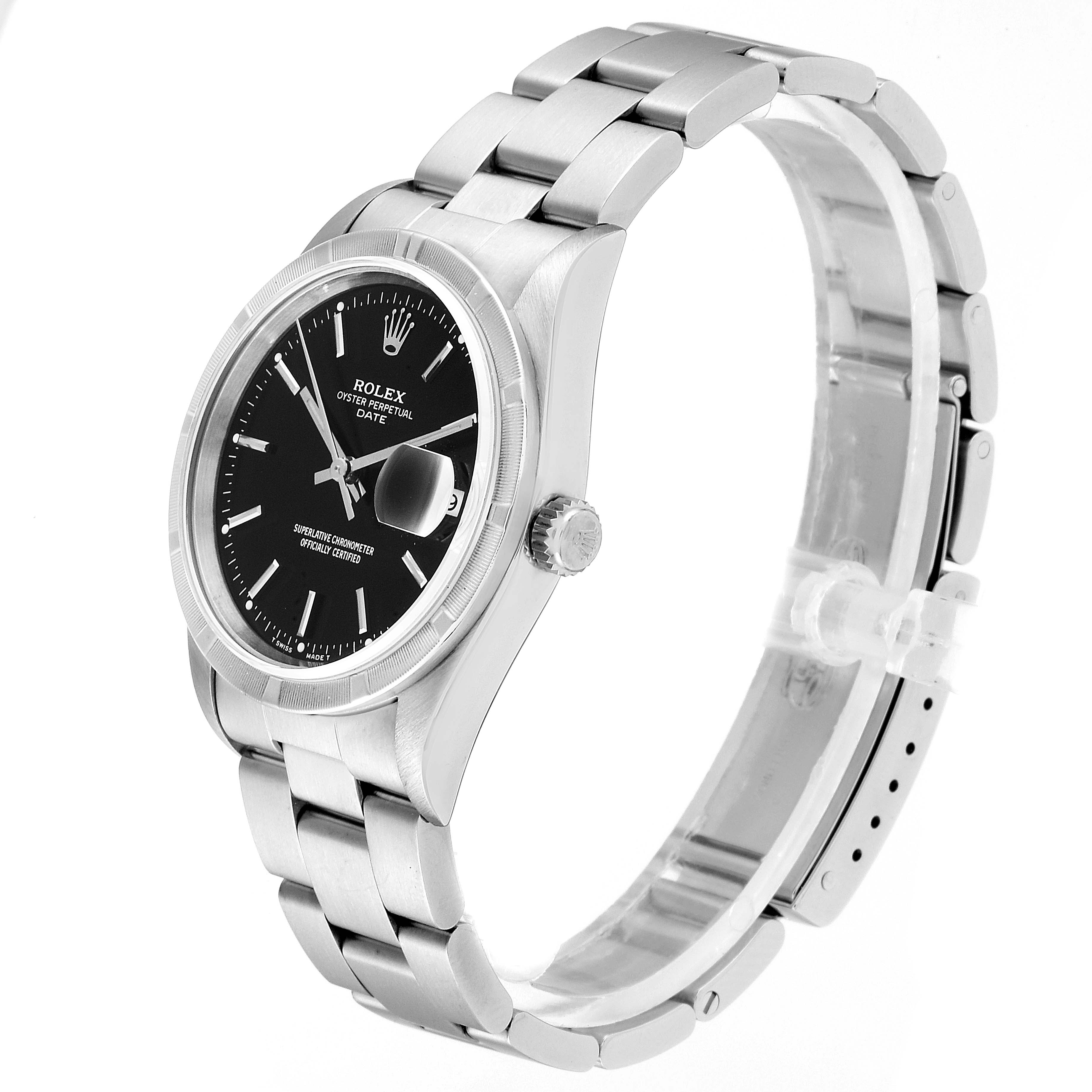 The image shows a side angle of the Rolex Date 15210 Men's Stainless Steel Black Dial 15210 Men's Stainless Steel Black Dial model watch, displaying its face, crown, and bracelet.