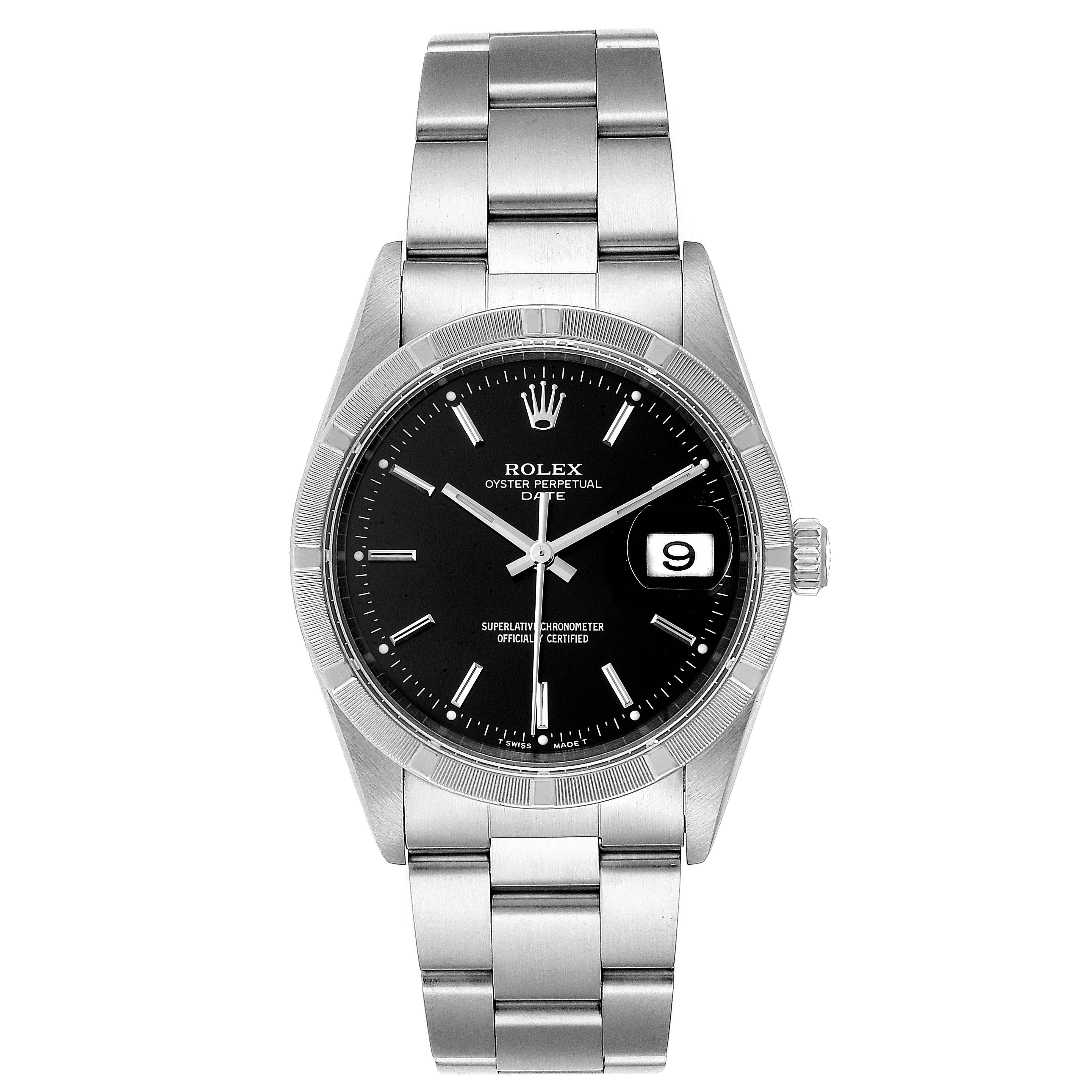 The image shows the Rolex Date 15210 Men's Stainless Steel Black Dial 15210 Men's Stainless Steel Black Dial model watch from a front angle, highlighting its dial, bezel, and bracelet.