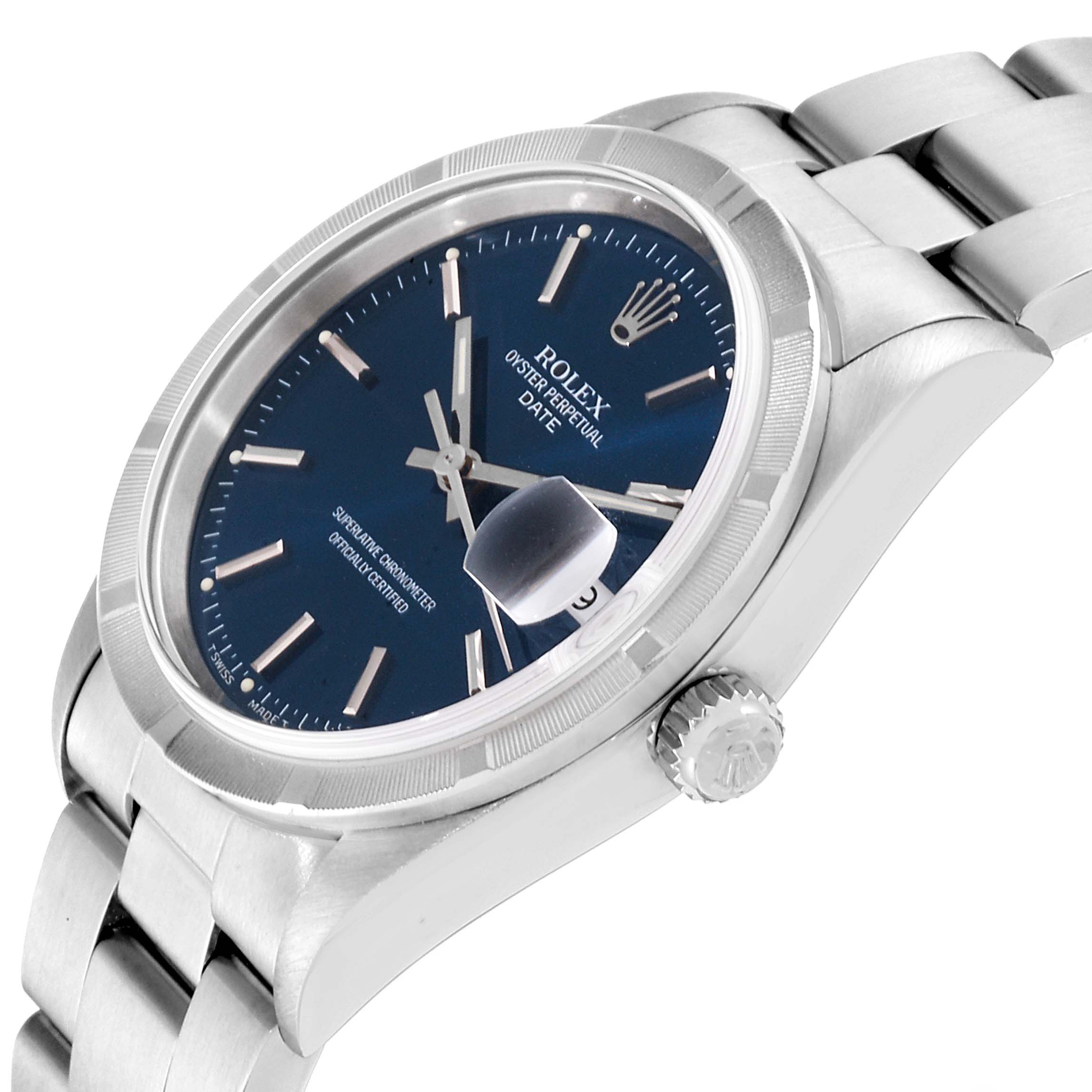 The image shows a Rolex Date 15210 Men's Stainless Steel Blue Dial 15210 Men's Stainless Steel Blue Dial model watch from a side angle, highlighting the dial, bezel, and crown.