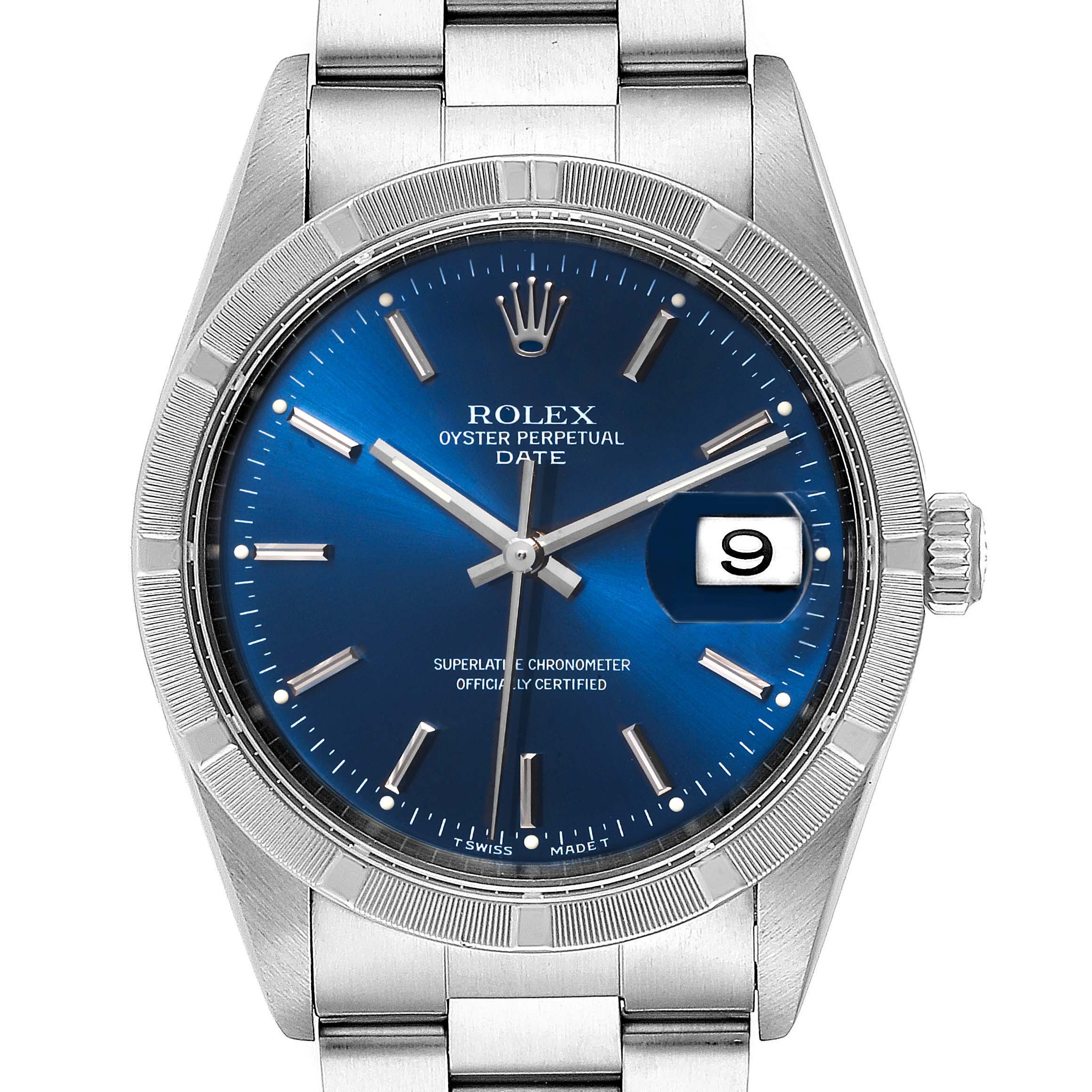 This image shows the Rolex Oyster Perpetual Date model watch from a straight-on angle, featuring the dial, bezel, and bracelet.
