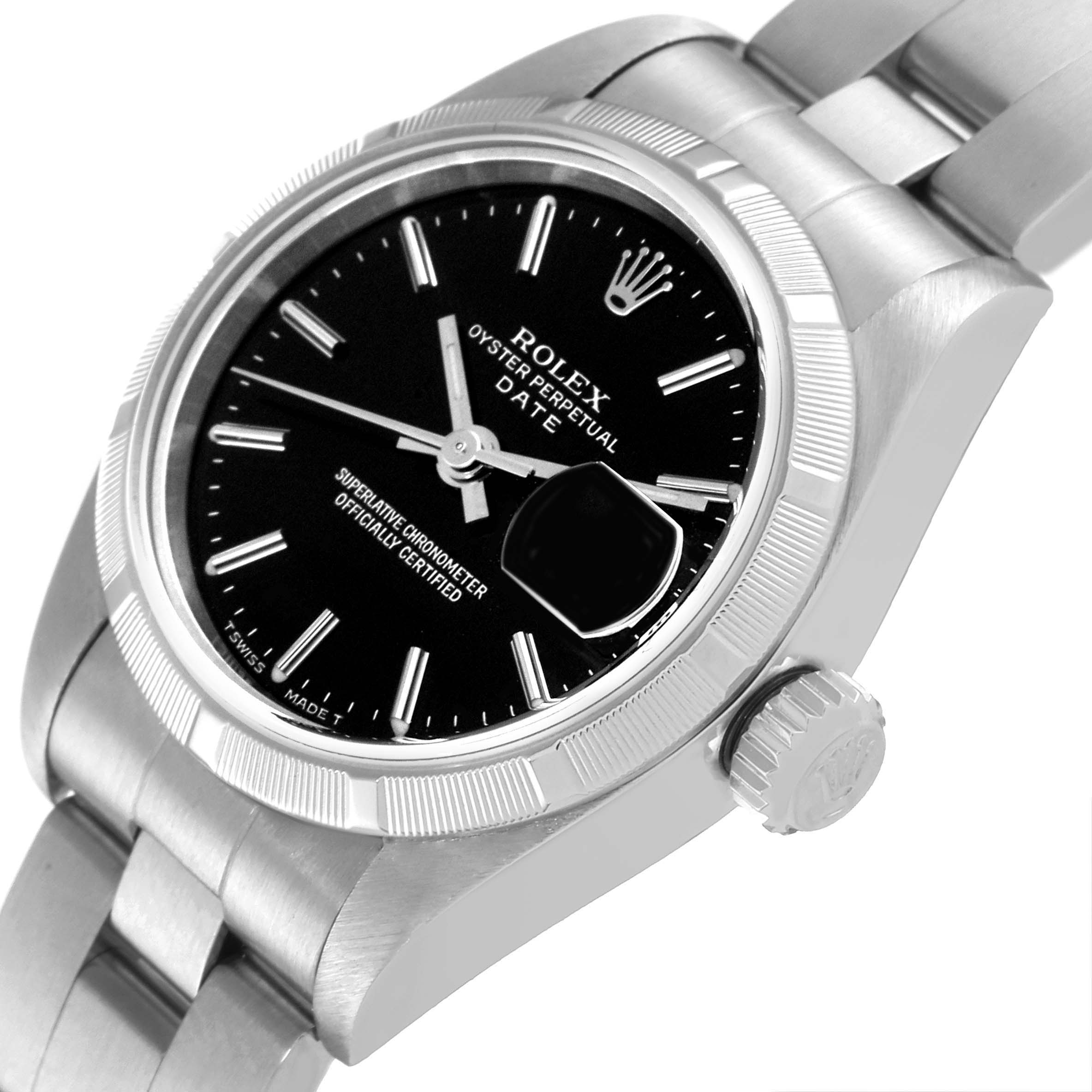 The image shows a close-up of a Rolex Date 69190 Women
s Stainless Steel Black Dial 69190 Women
s Stainless Steel Black Dial model, featuring the watch face, bezel, crown, and part of the bracelet.