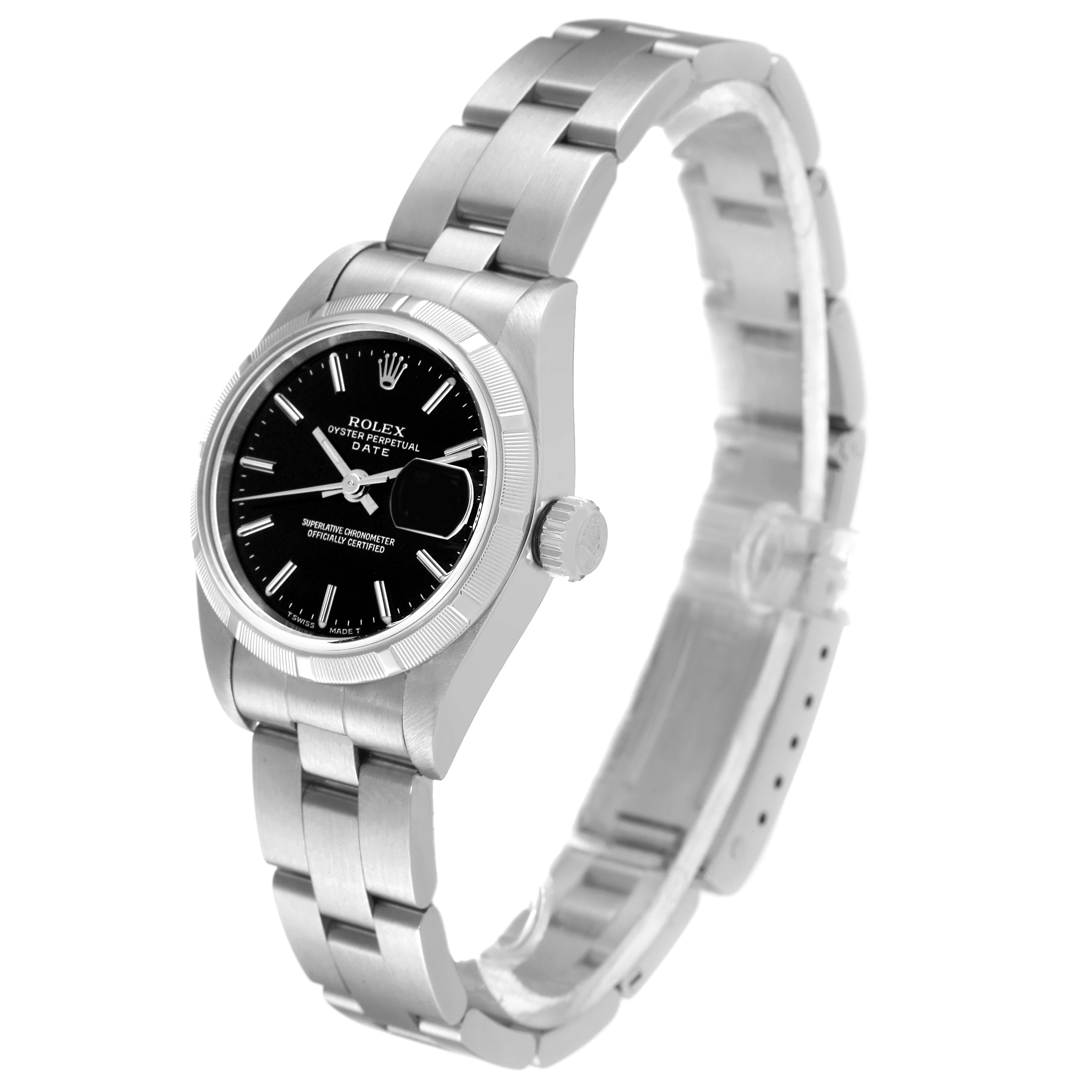 The image shows a front angle of the Rolex Date 69190 Women
s Stainless Steel Black Dial 69190 Women
s Stainless Steel Black Dial model, highlighting its face, bezel, crown, and stainless steel bracelet.