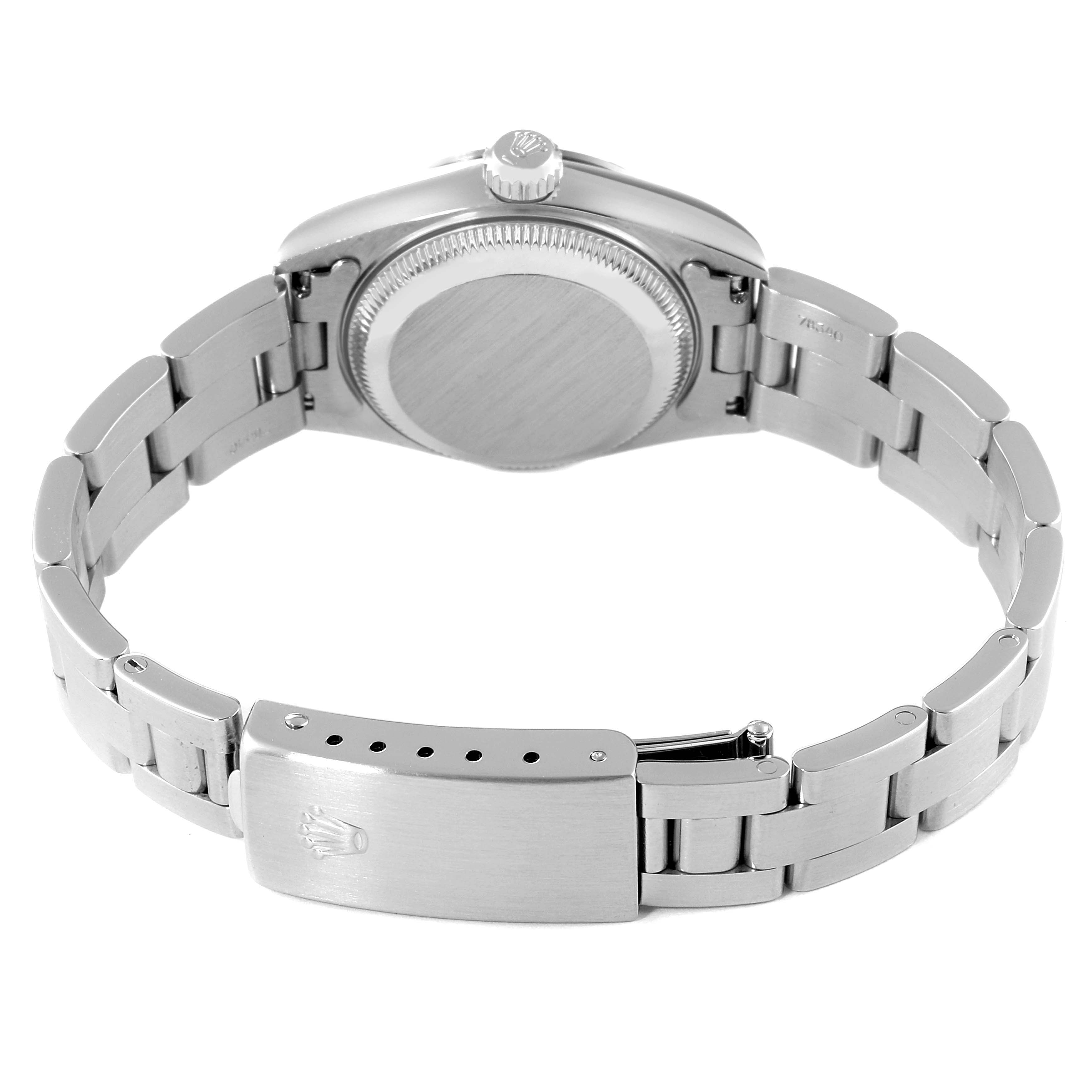 This image shows the back, clasp, and bracelet of a Rolex Date 69190 Women
s Stainless Steel Black Dial 69190 Women
s Stainless Steel Black Dial watch from a rear angle.