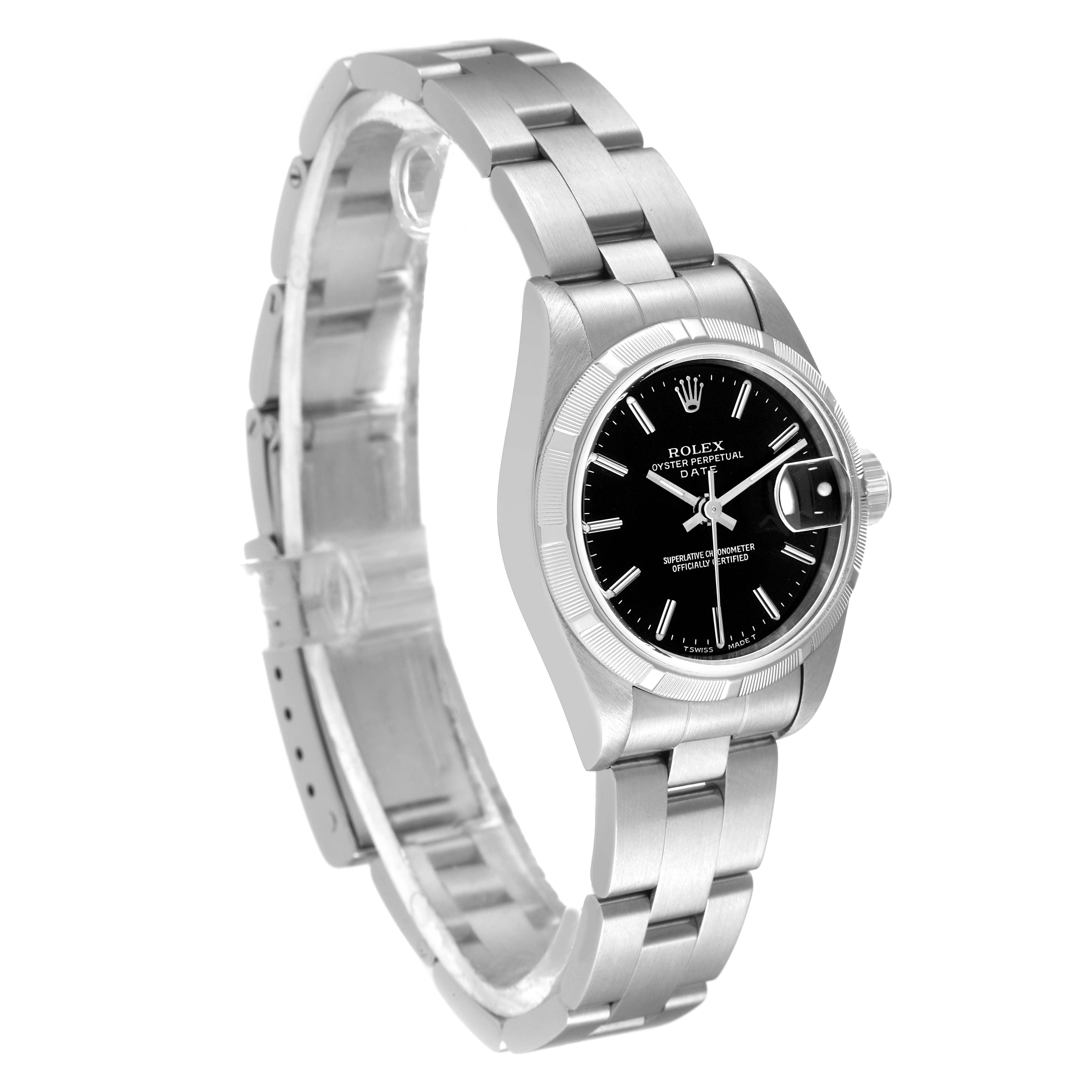 The Rolex Date 69190 Women
s Stainless Steel Black Dial 69190 Women
s Stainless Steel Black Dial model watch is shown at a left side angle displaying the face, bezel, crown, and band.