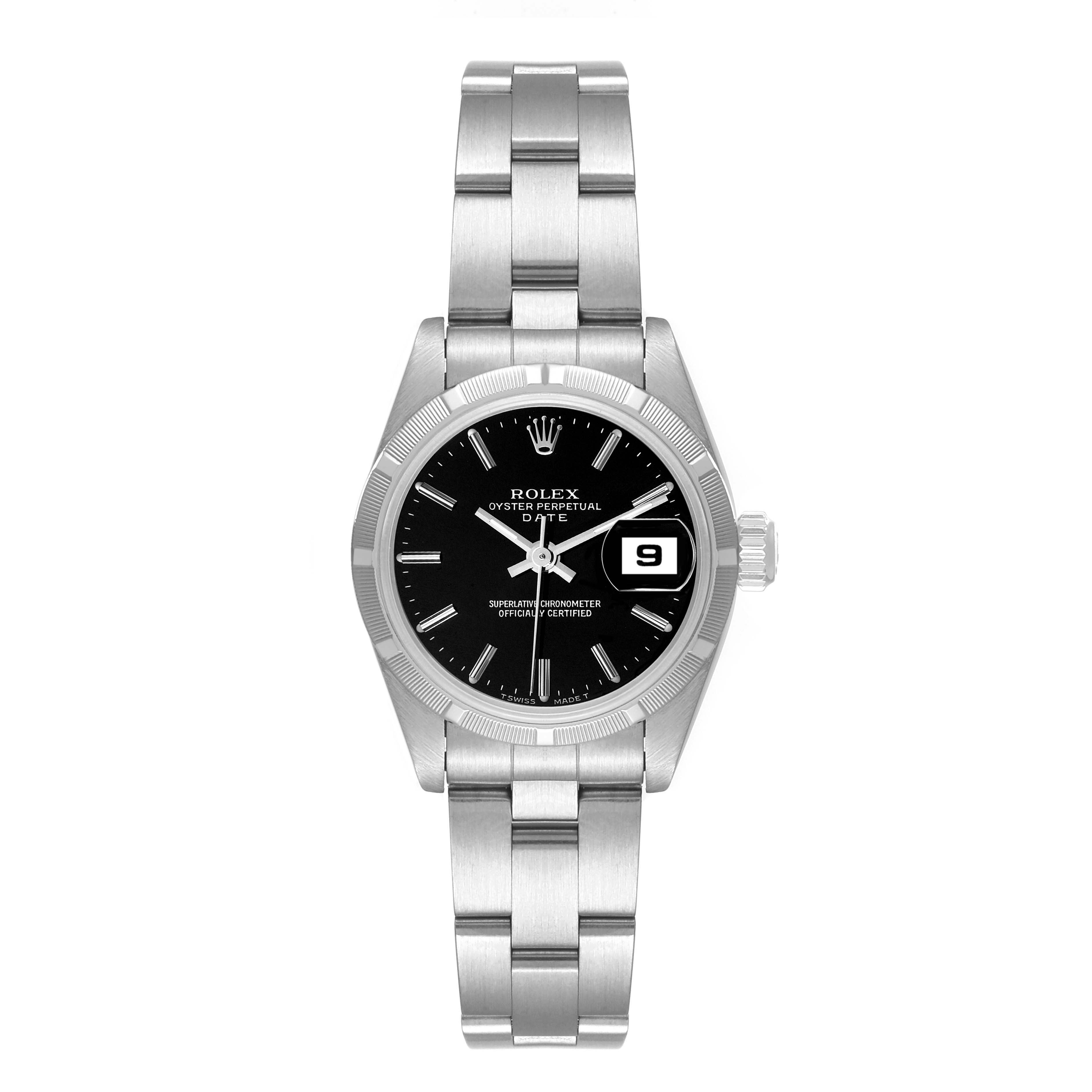 This image shows a Rolex Date 69190 Women
s Stainless Steel Black Dial 69190 Women
s Stainless Steel Black Dial model watch from a front angle, displaying the face, bezel, bracelet, and date window.