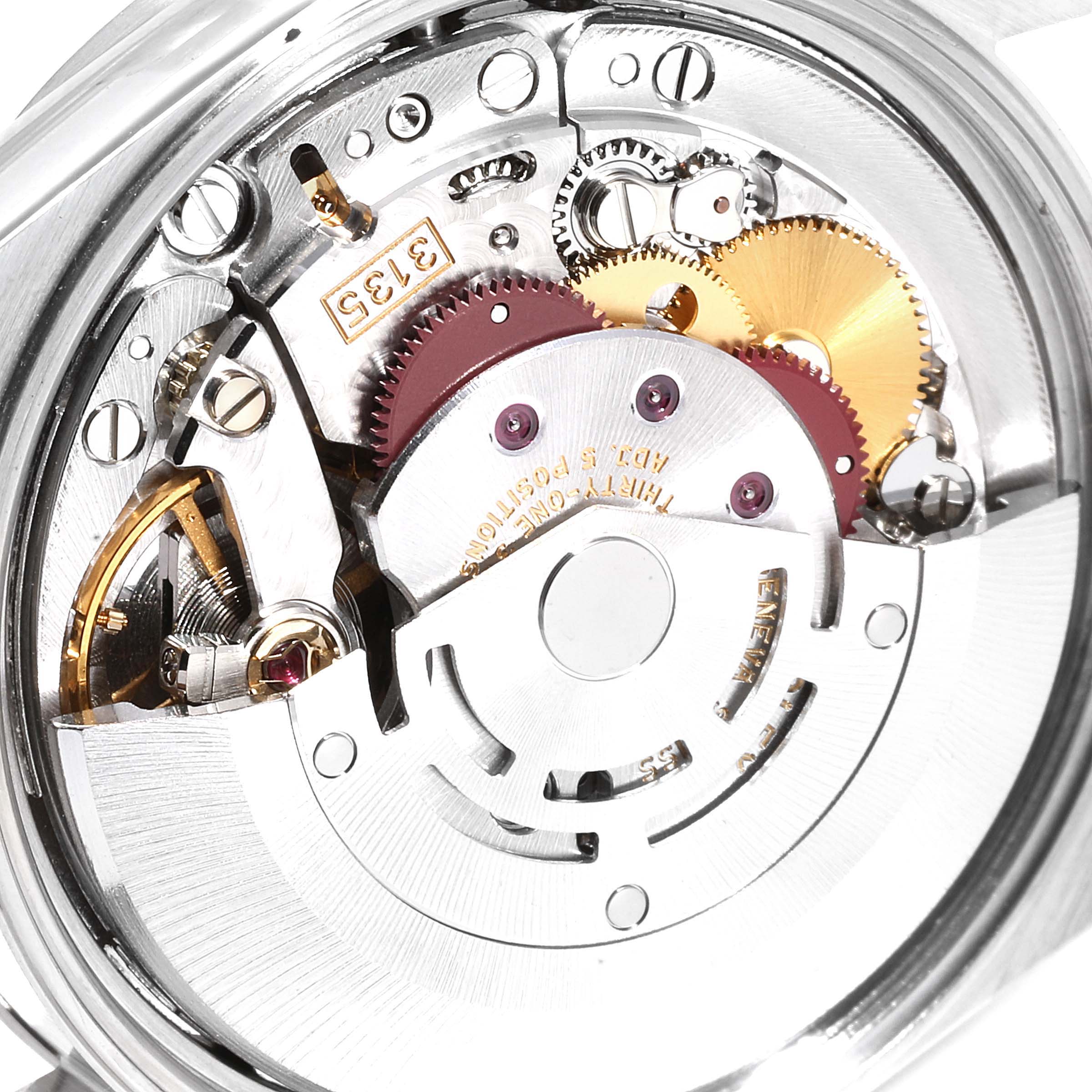 This close-up image shows the inner mechanical movement of a Rolex Date 15200 Men's Stainless Steel Silver Dial 15200 Men's Stainless Steel Silver Dial watch, showcasing its gears and components.
