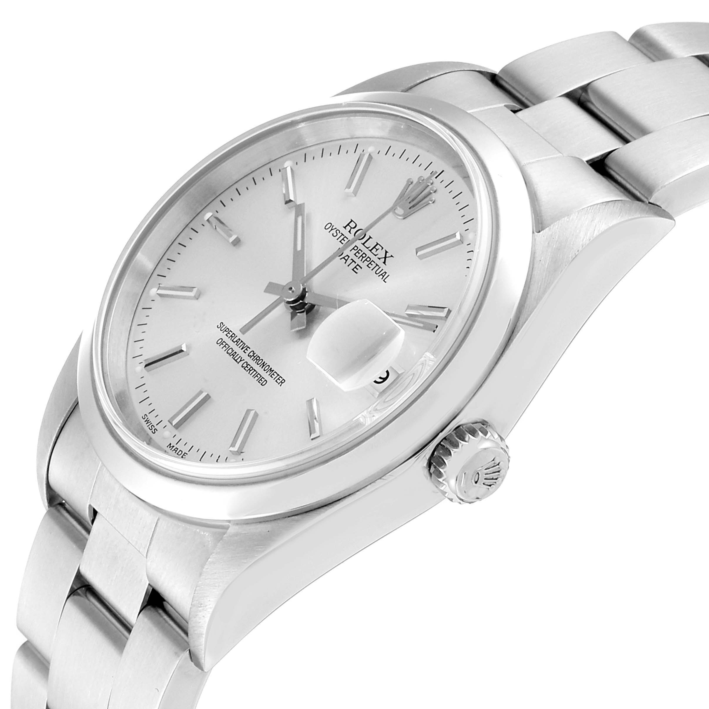 The image shows a Rolex Date 15200 Men's Stainless Steel Silver Dial 15200 Men's Stainless Steel Silver Dial watch from an oblique angle, highlighting the dial, crown, and bracelet.