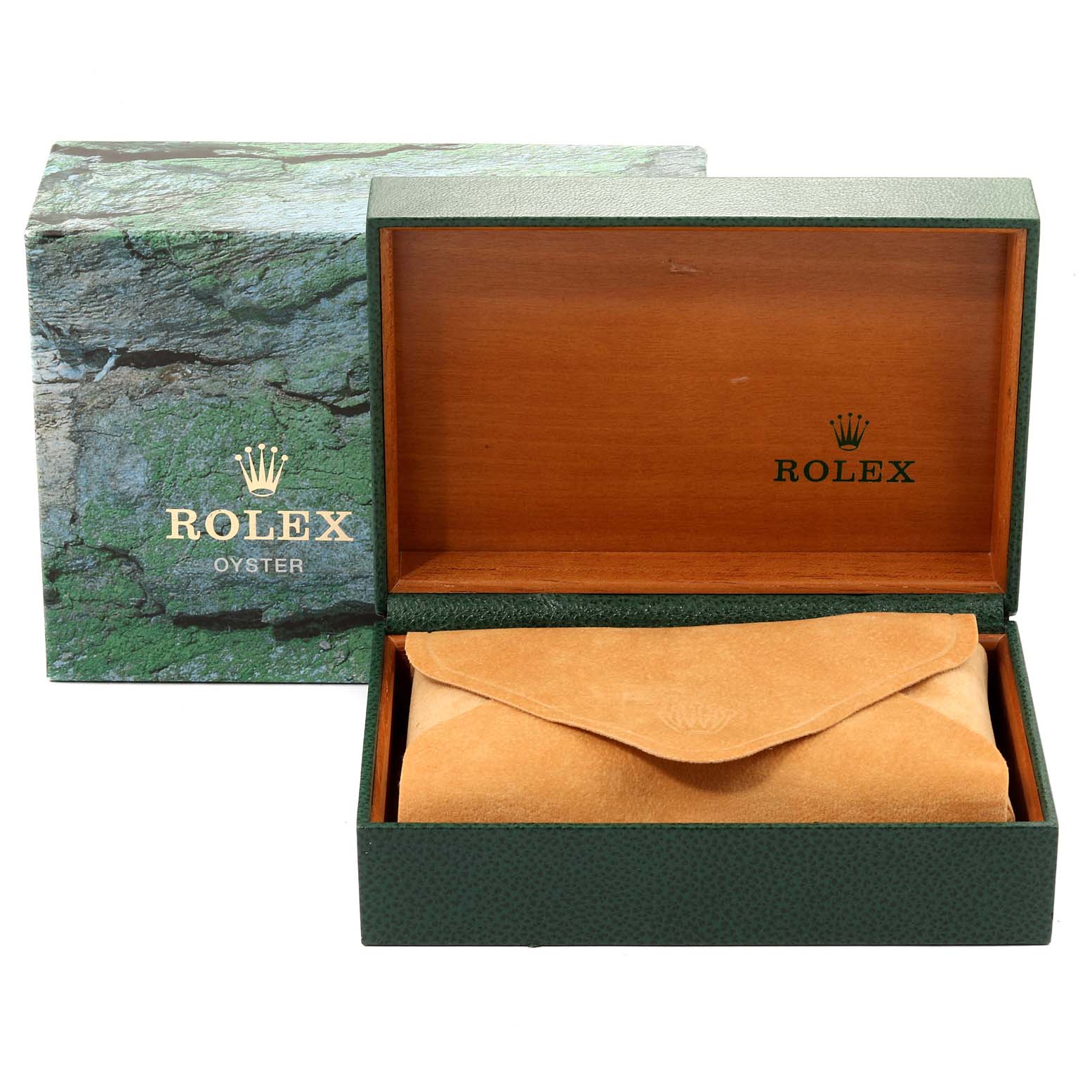 The image shows a Rolex Date 15200 Men's Stainless Steel Silver Dial 15200 Men's Stainless Steel Silver Dial model watch box and cover, viewed from the front, partially closed, with the branded outer box nearby.