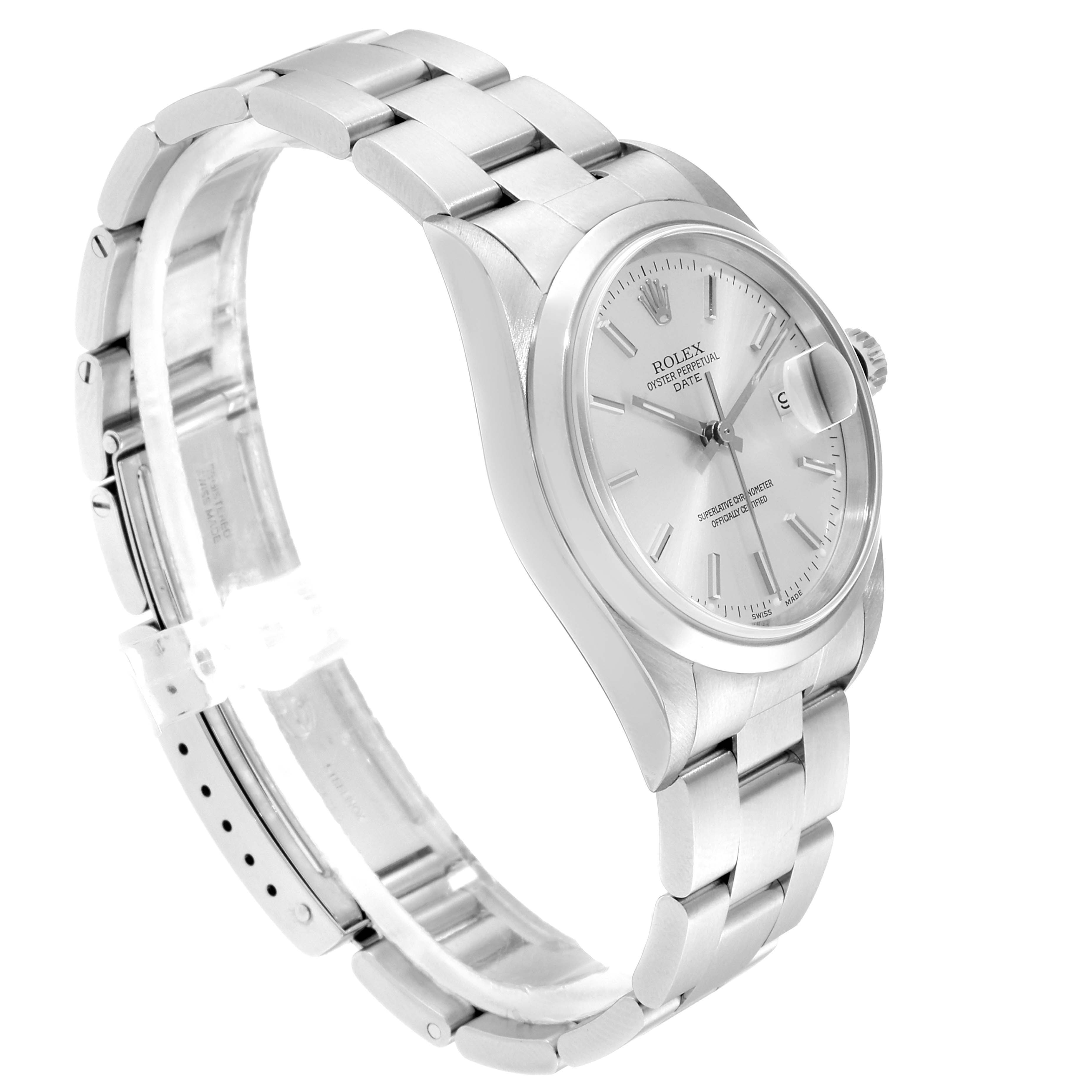 The image shows a side-angle view of a silver Rolex Date 15200 Men's Stainless Steel Silver Dial 15200 Men's Stainless Steel Silver Dial model watch, highlighting the face, bezel, and bracelet.