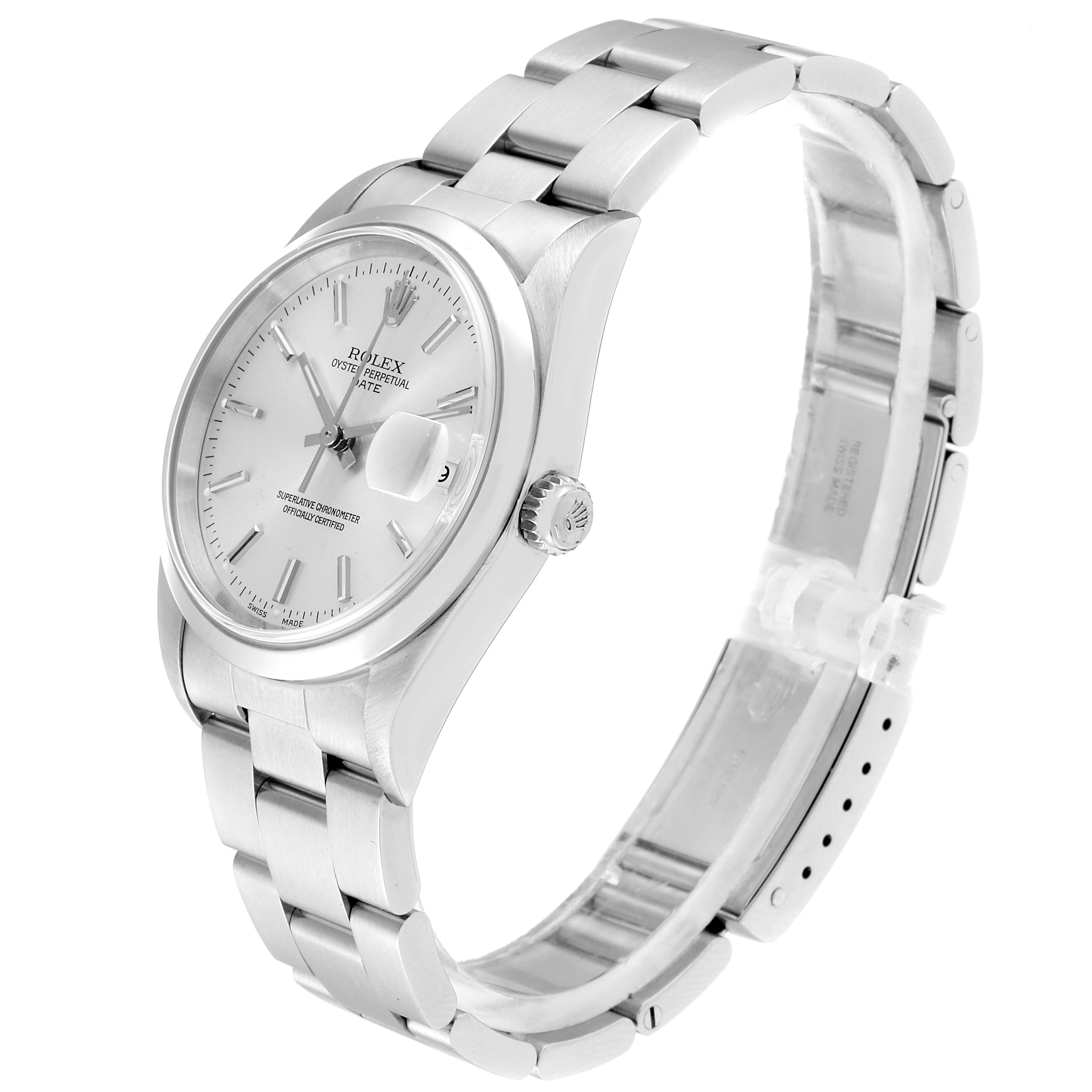 The image shows a side view of a Rolex Date 15200 Men's Stainless Steel Silver Dial 15200 Men's Stainless Steel Silver Dial model, highlighting the dial, bezel, crown, and bracelet.