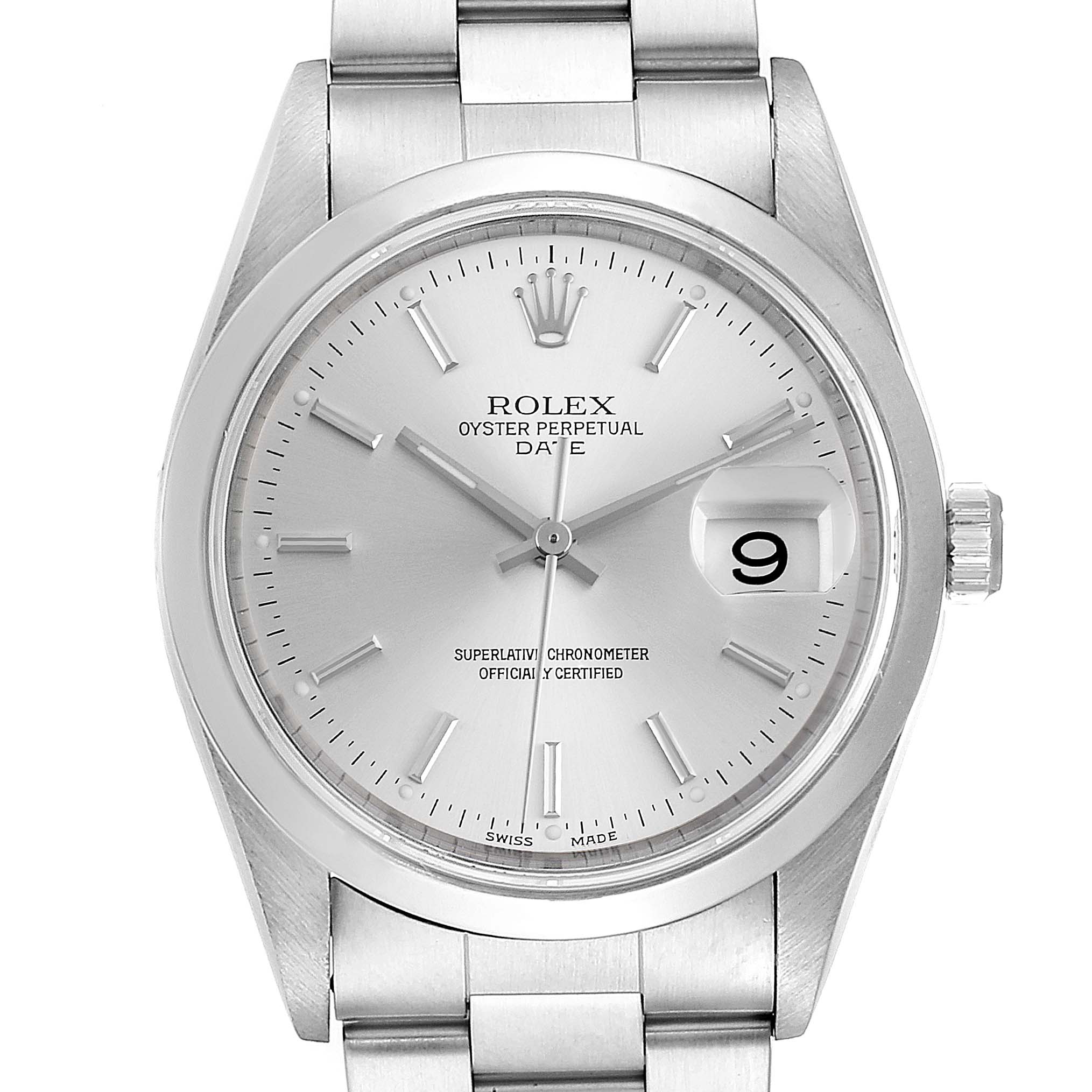 This image shows a front view of a Rolex Oyster Perpetual Date watch, highlighting the dial, crown, and bracelet.