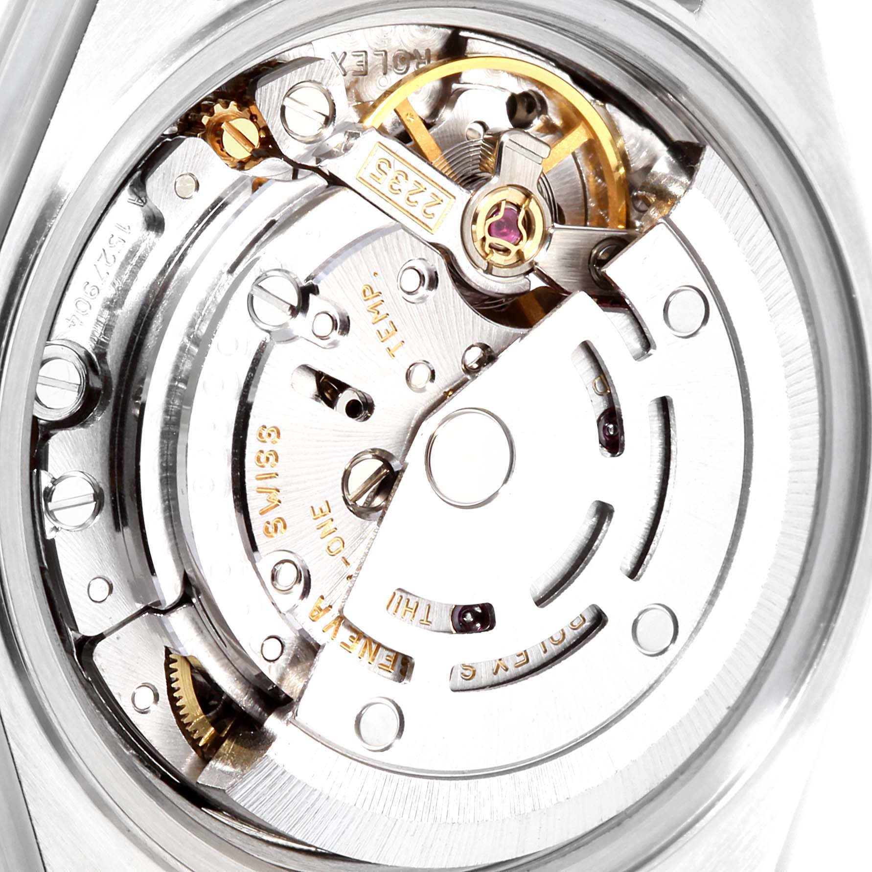 The image shows the internal mechanical movement of a Rolex Datejust 79174 Women's Stainless Steel Pink Dial 79174 Women's Stainless Steel Pink Dial watch with clear visibility of gears and components.