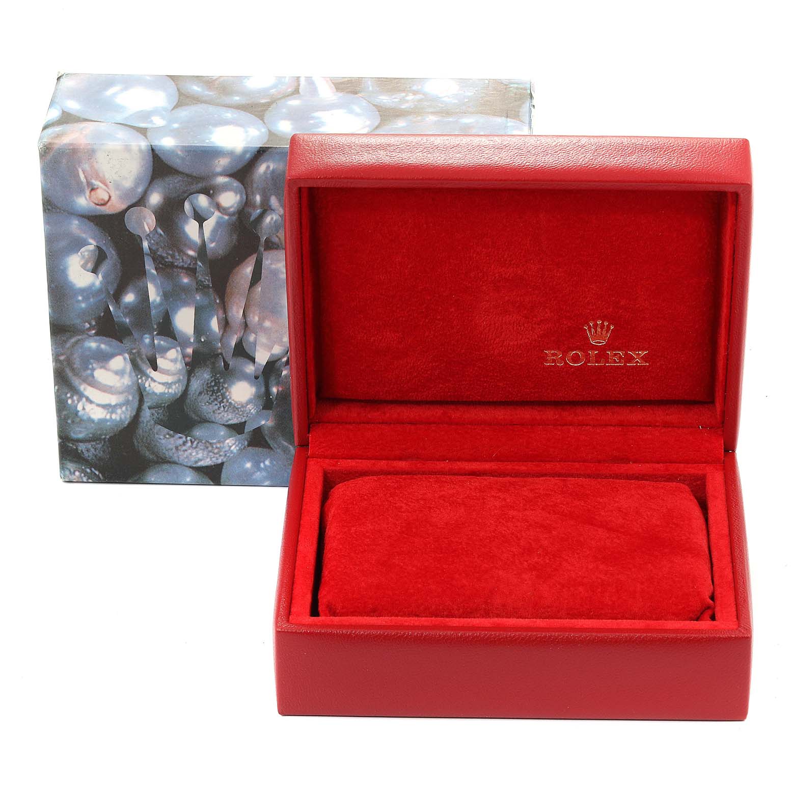 The image shows an open red Rolex Datejust 79174 Women's Stainless Steel Pink Dial 79174 Women's Stainless Steel Pink Dial watch box with the brand's logo inside and the outer packaging displayed behind.