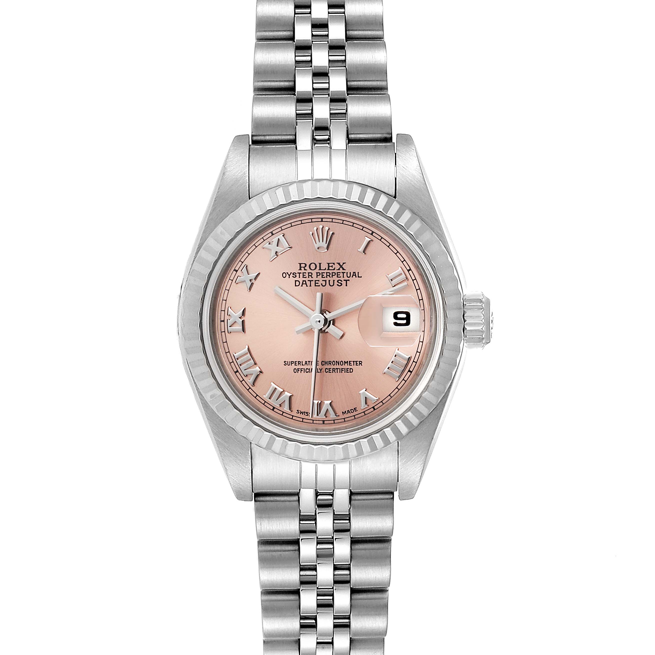 This image shows a front view of the Rolex Datejust 79174 Women's Stainless Steel Pink Dial 79174 Women's Stainless Steel Pink Dial model, featuring the dial, bezel, and bracelet.