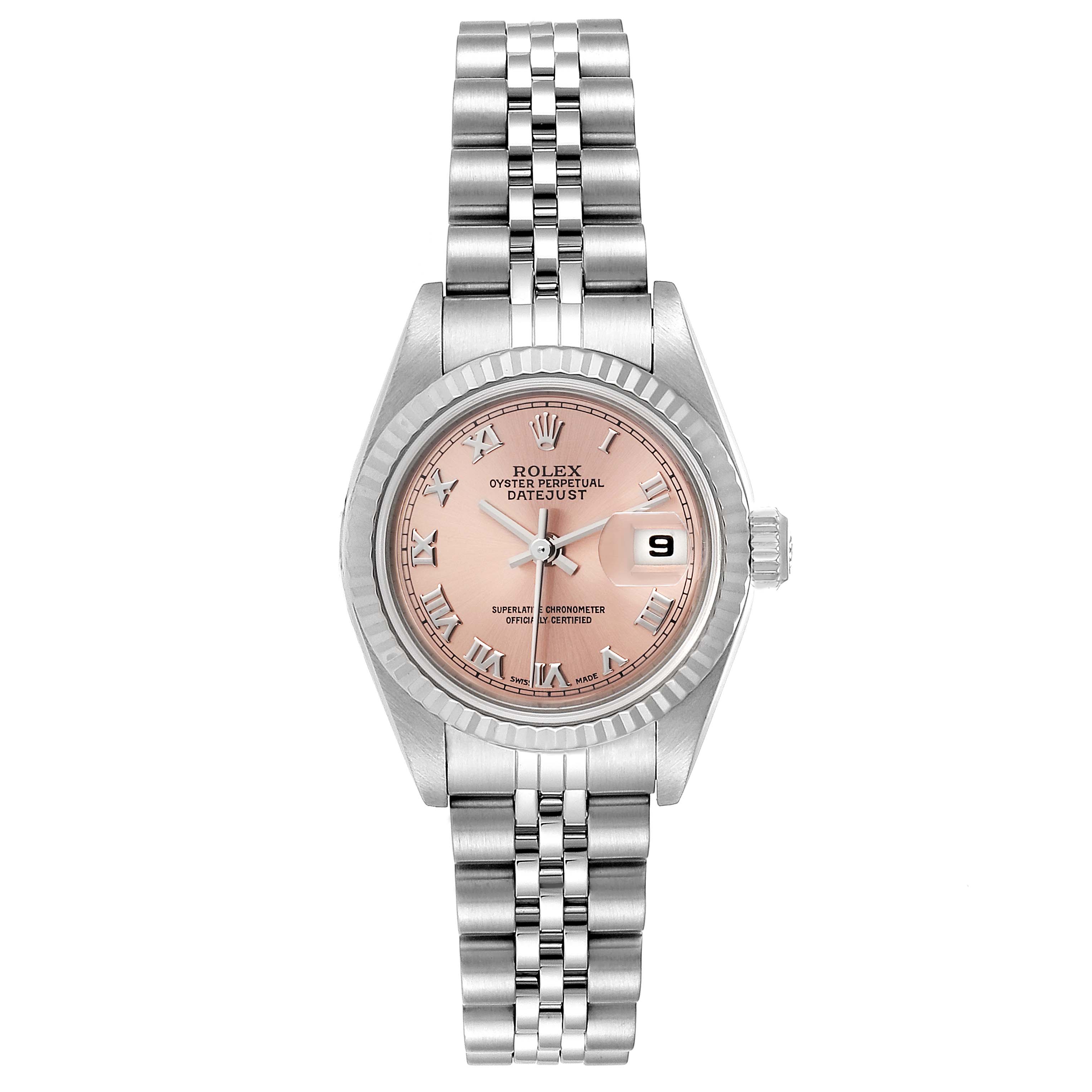 The image shows a frontal view of a Rolex Datejust 79174 Women's Stainless Steel Pink Dial 79174 Women's Stainless Steel Pink Dial watch, displaying its dial, bezel, and bracelet.