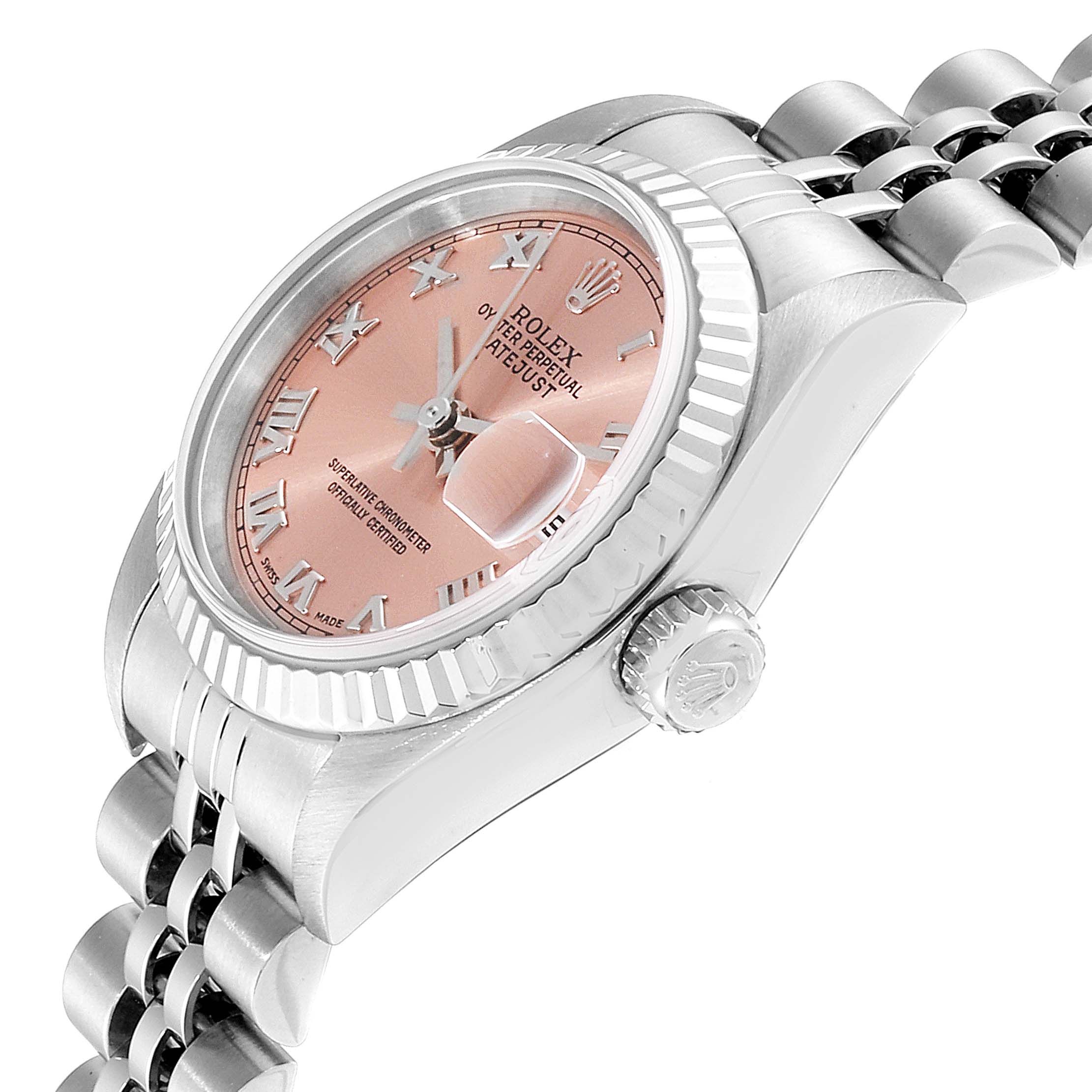 The image shows a Rolex Datejust 79174 Women's Stainless Steel Pink Dial 79174 Women's Stainless Steel Pink Dial watch from a side angle, highlighting the crown, band, and part of the pink dial.