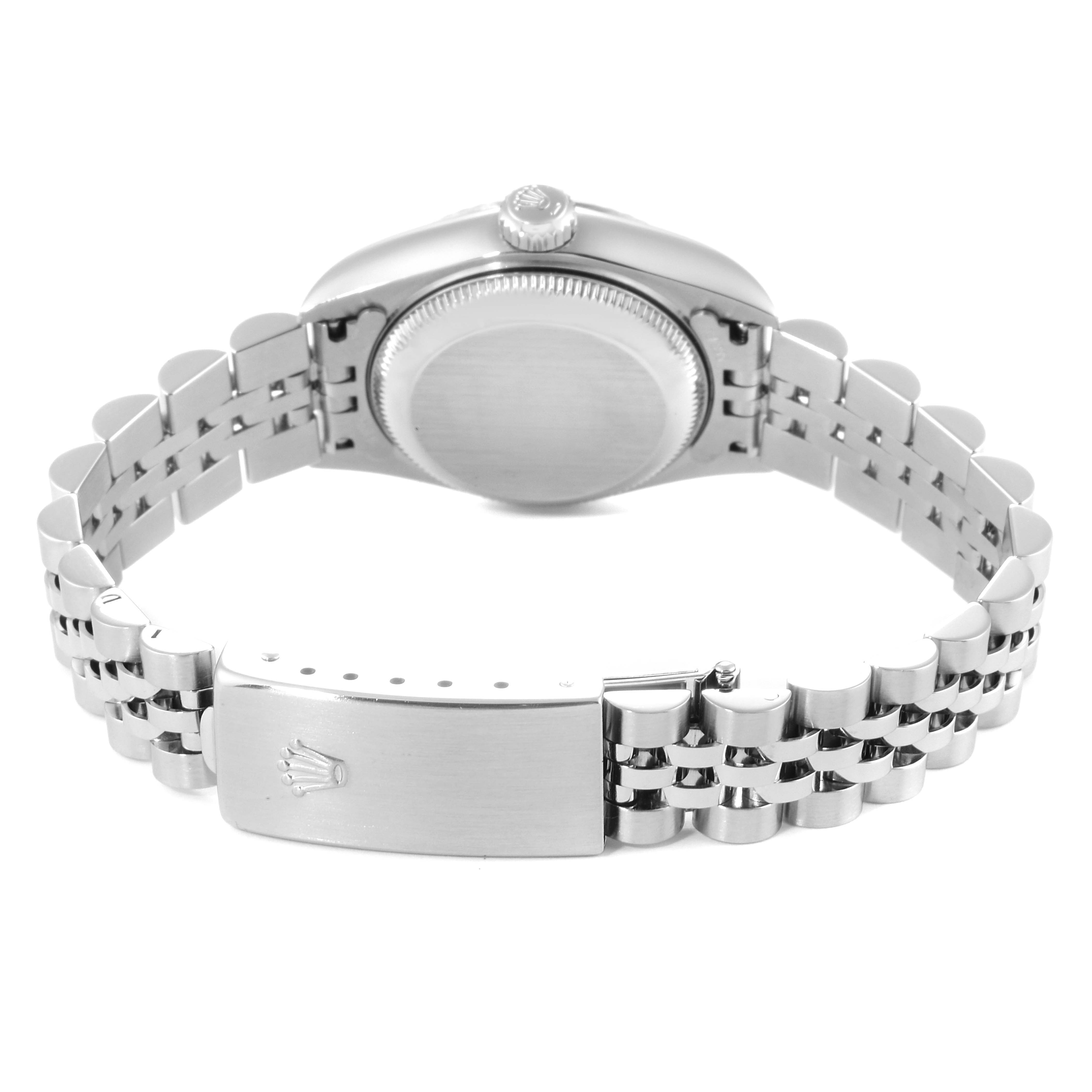 The image shows the back view of a Rolex Datejust 79174 Women's Stainless Steel Pink Dial 79174 Women's Stainless Steel Pink Dial watch, including its case, crown, and stainless steel bracelet with the clasp.