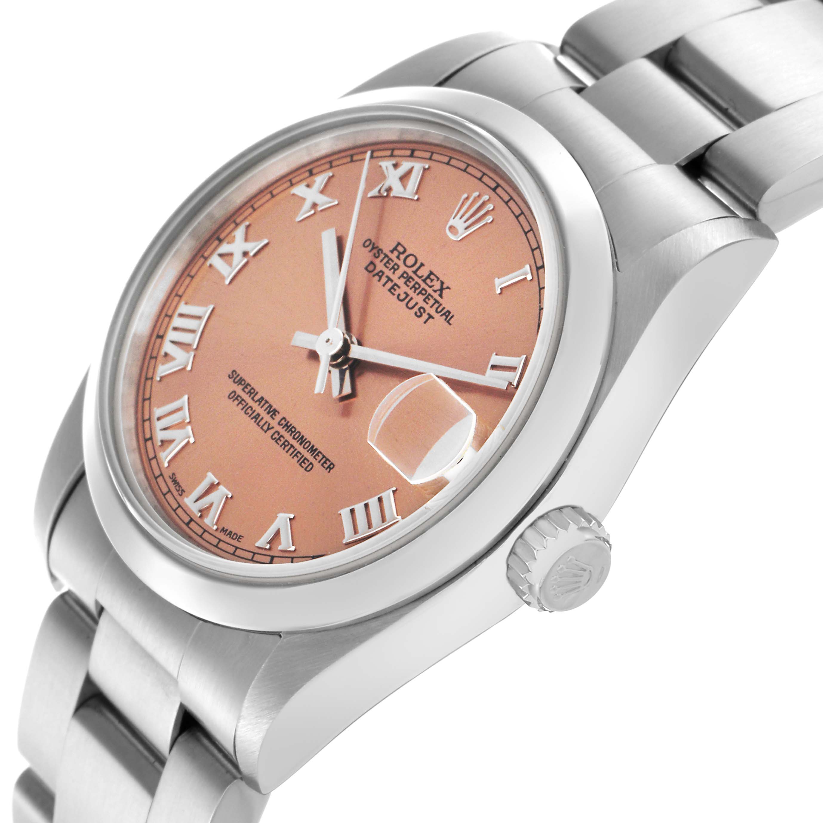 The Rolex Datejust 68240 Mid-Size Men
s watch is shown at an angle highlighting the face, bezel, crown, and part of the bracelet.