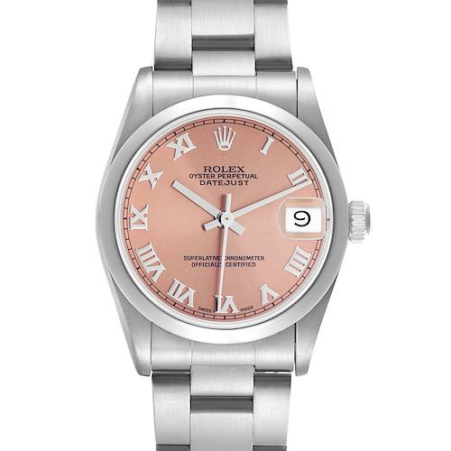 The Rolex Datejust model 68240 is shown from a front angle, highlighting its pink dial, Roman numerals, Oyster bracelet, and date window.
