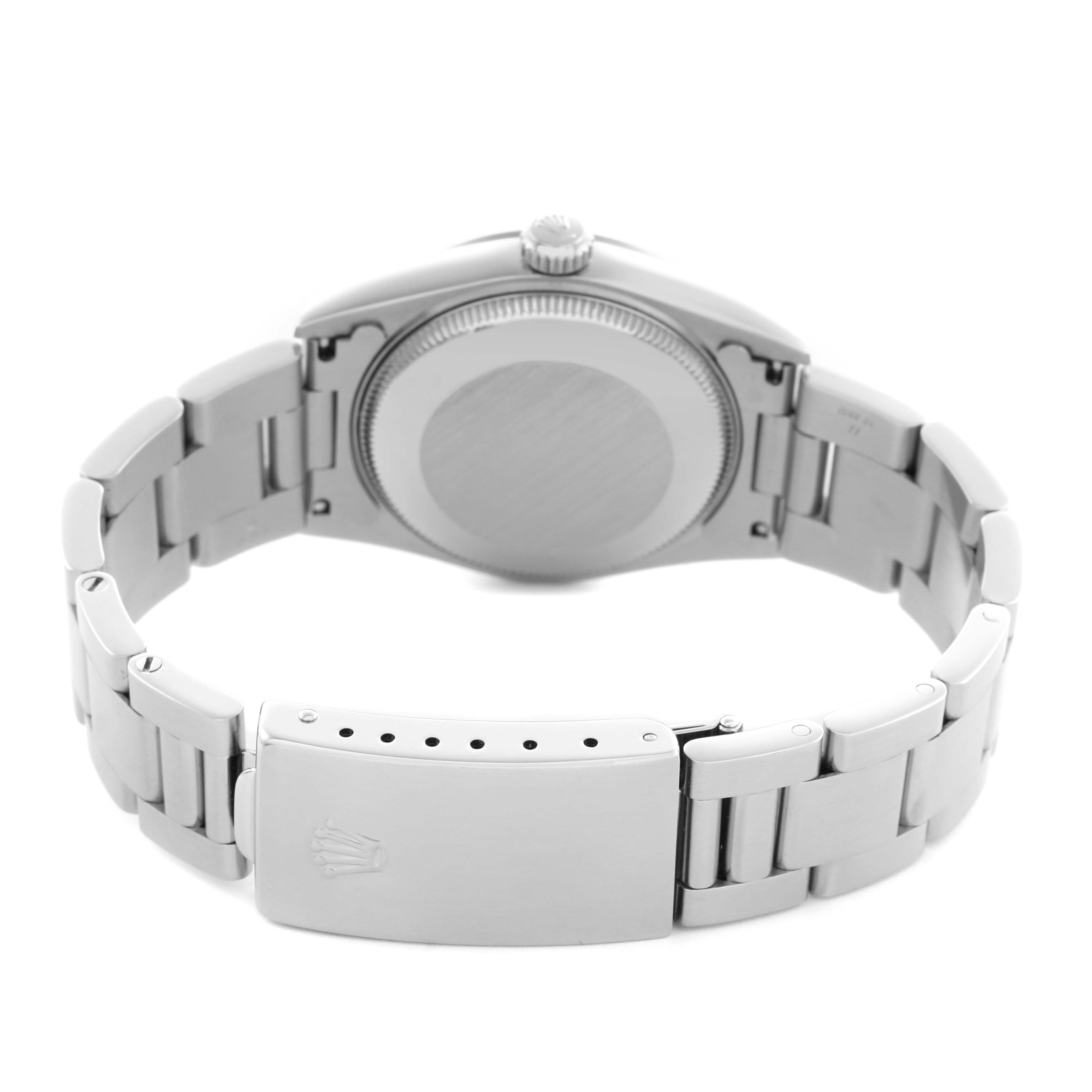 The image shows the back and clasp of a Rolex Mid-Size model 68240 men
s watch, highlighting the case back and bracelet from a rear angle.