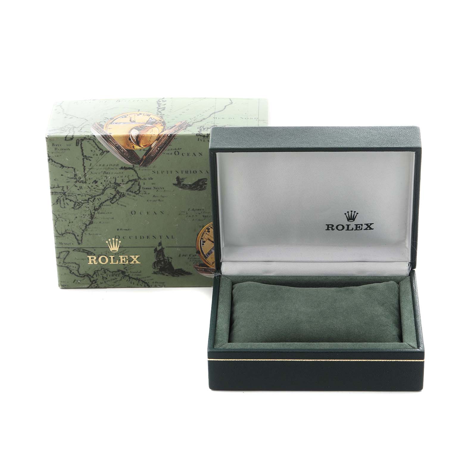 The image shows an open Rolex box, designed for a Mid-Size Rolex model 68240 men
s watch, with an outer decorative box beside it.