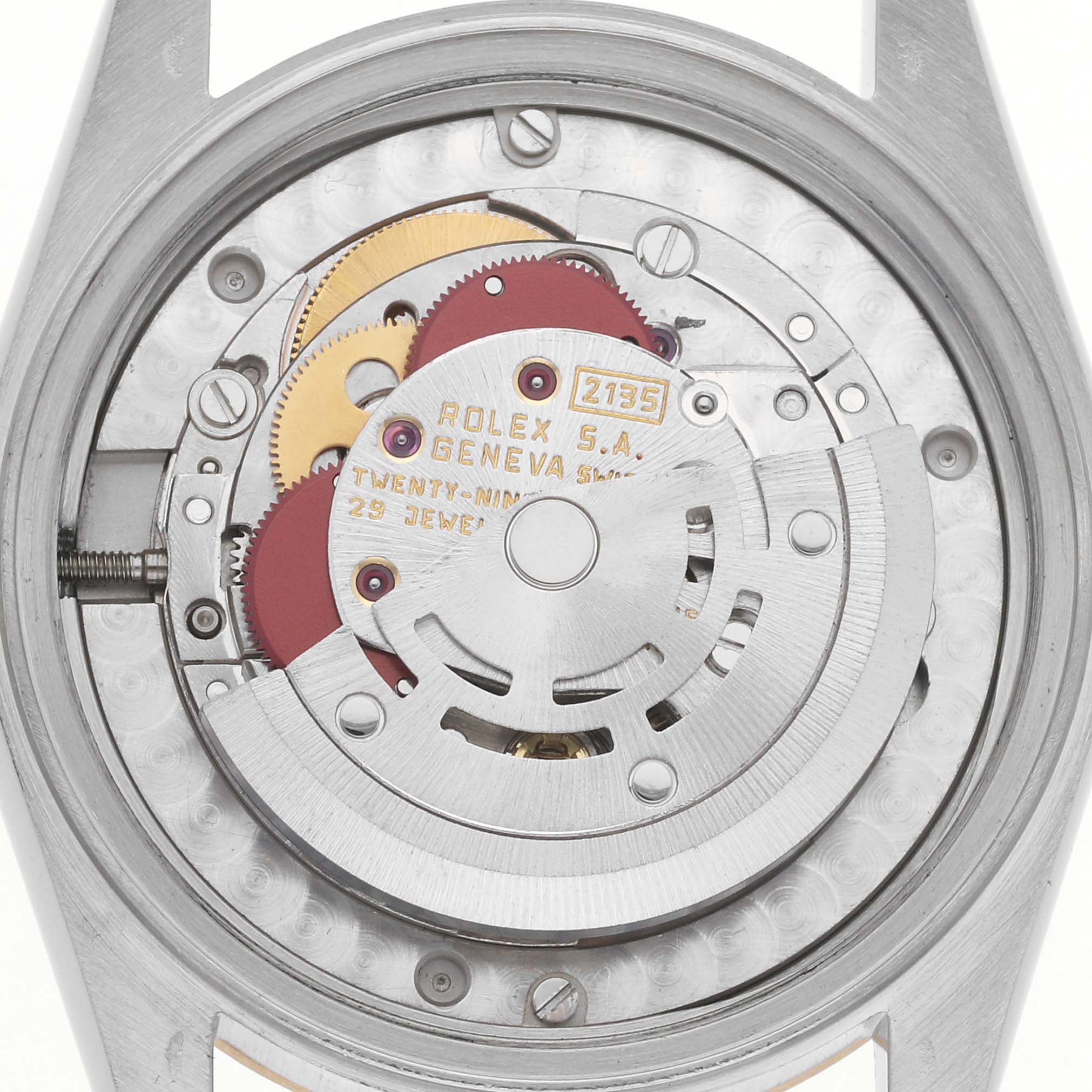 The image shows the movement of a Rolex Datejust model 68273 men's watch, viewed from the back, showcasing intricate gears and components.