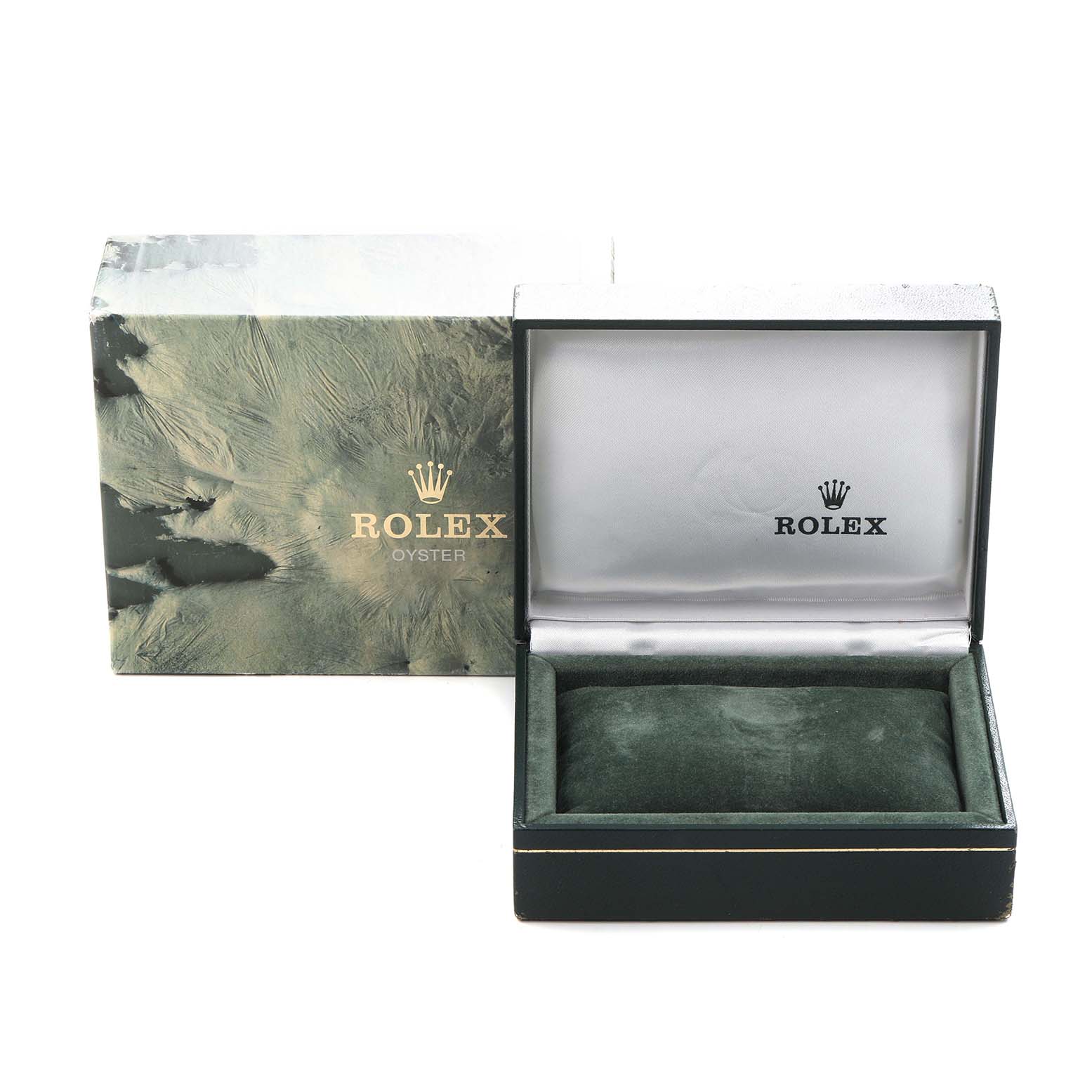 The image shows an open Rolex box featuring the brand's logo, designed for the Datejust model 68273 men's watch, with the outer packaging in the background.