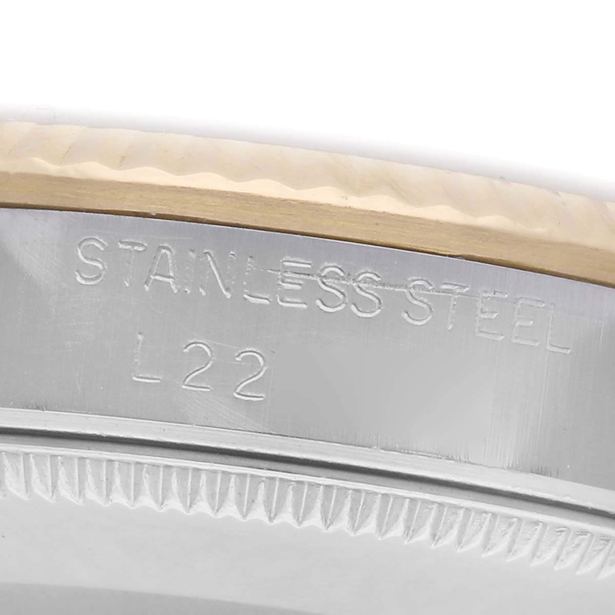 The image shows a close-up angle of the case side of the Rolex Datejust model 68273, focusing on the stainless steel section with engraved details.