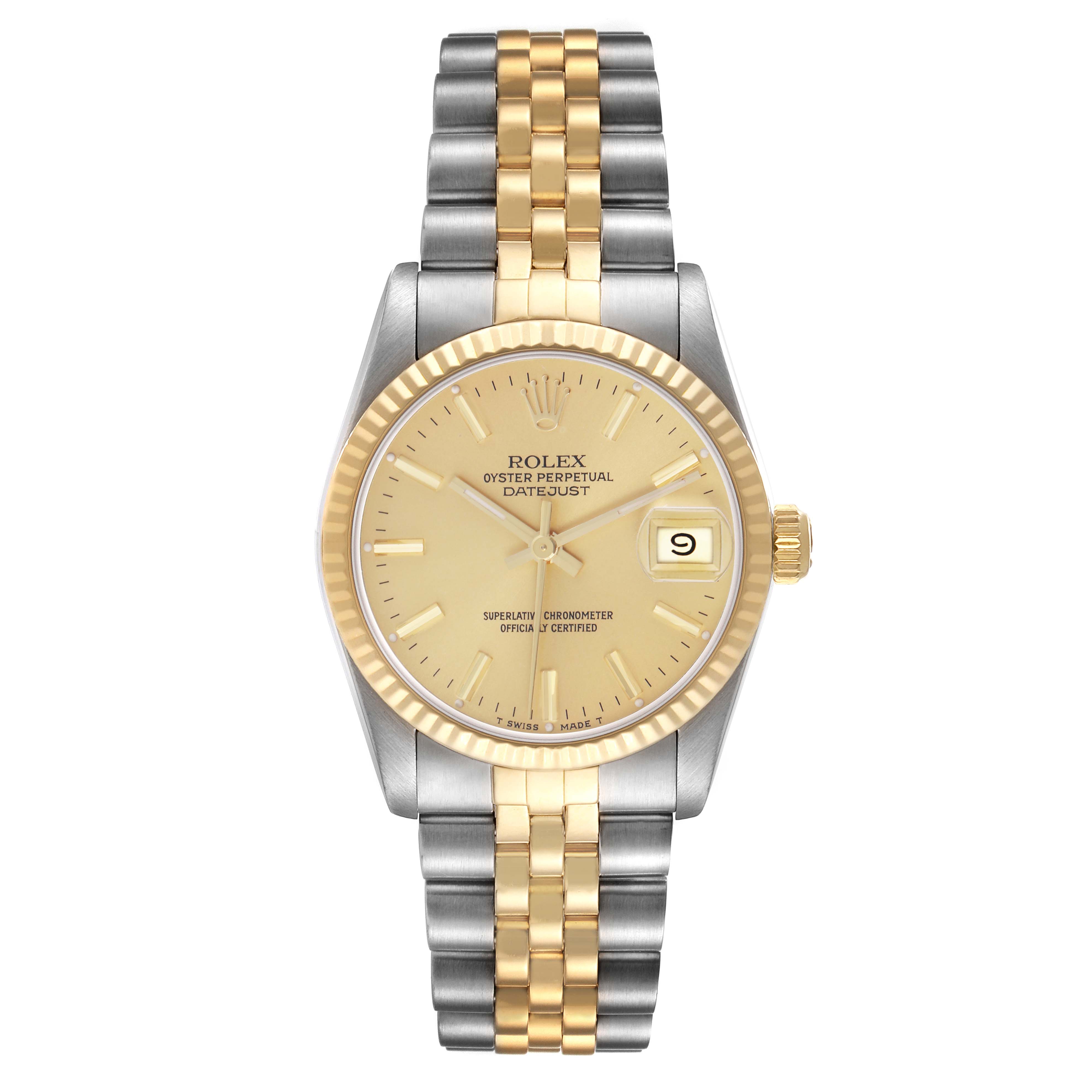 The image shows a front view of the Rolex Datejust model 68273 men's watch, highlighting its gold dial, date window, and two-tone bracelet.