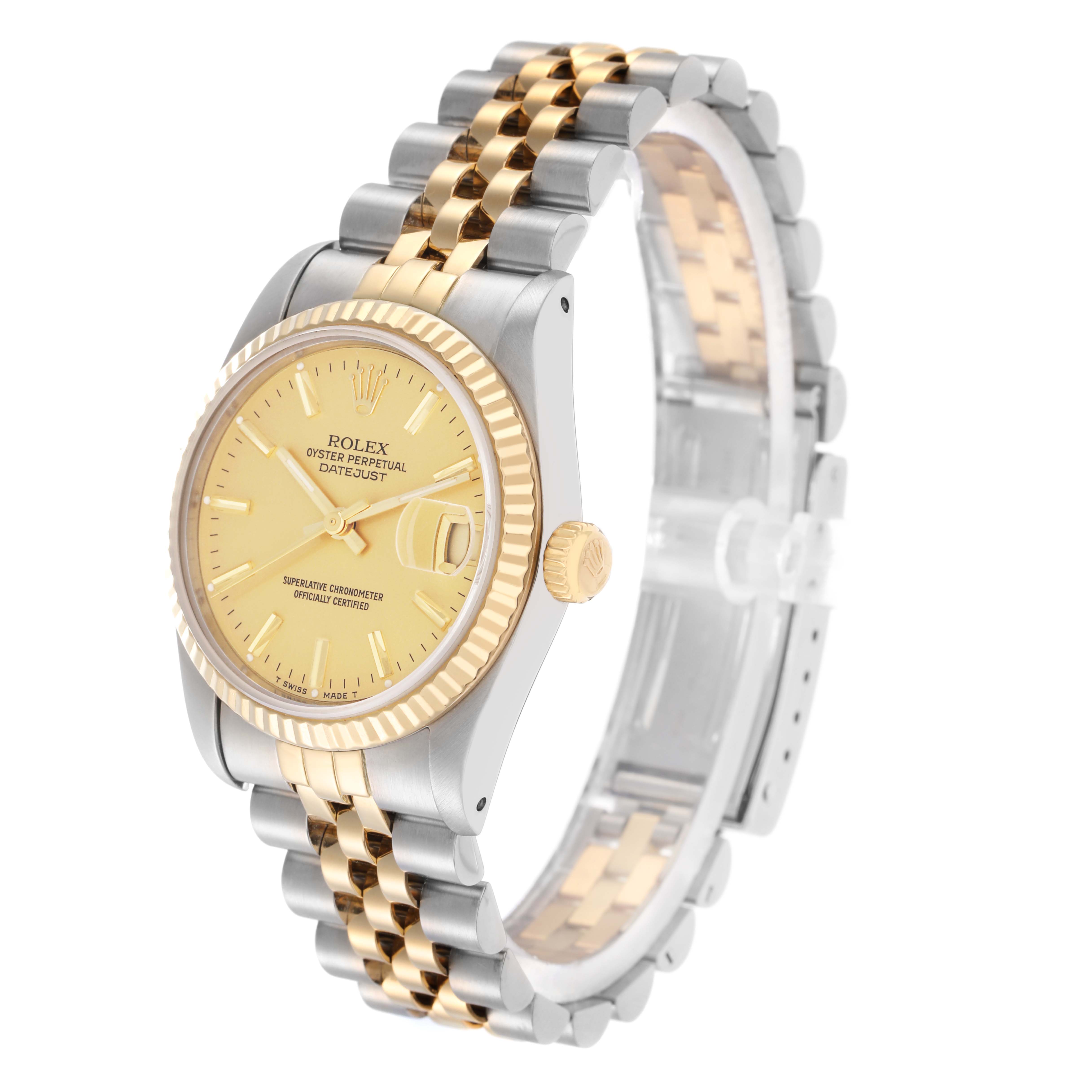 The Rolex Datejust model 68273 is shown at a three-quarter angle, highlighting the bezel, dial, crown, case, and bracelet.