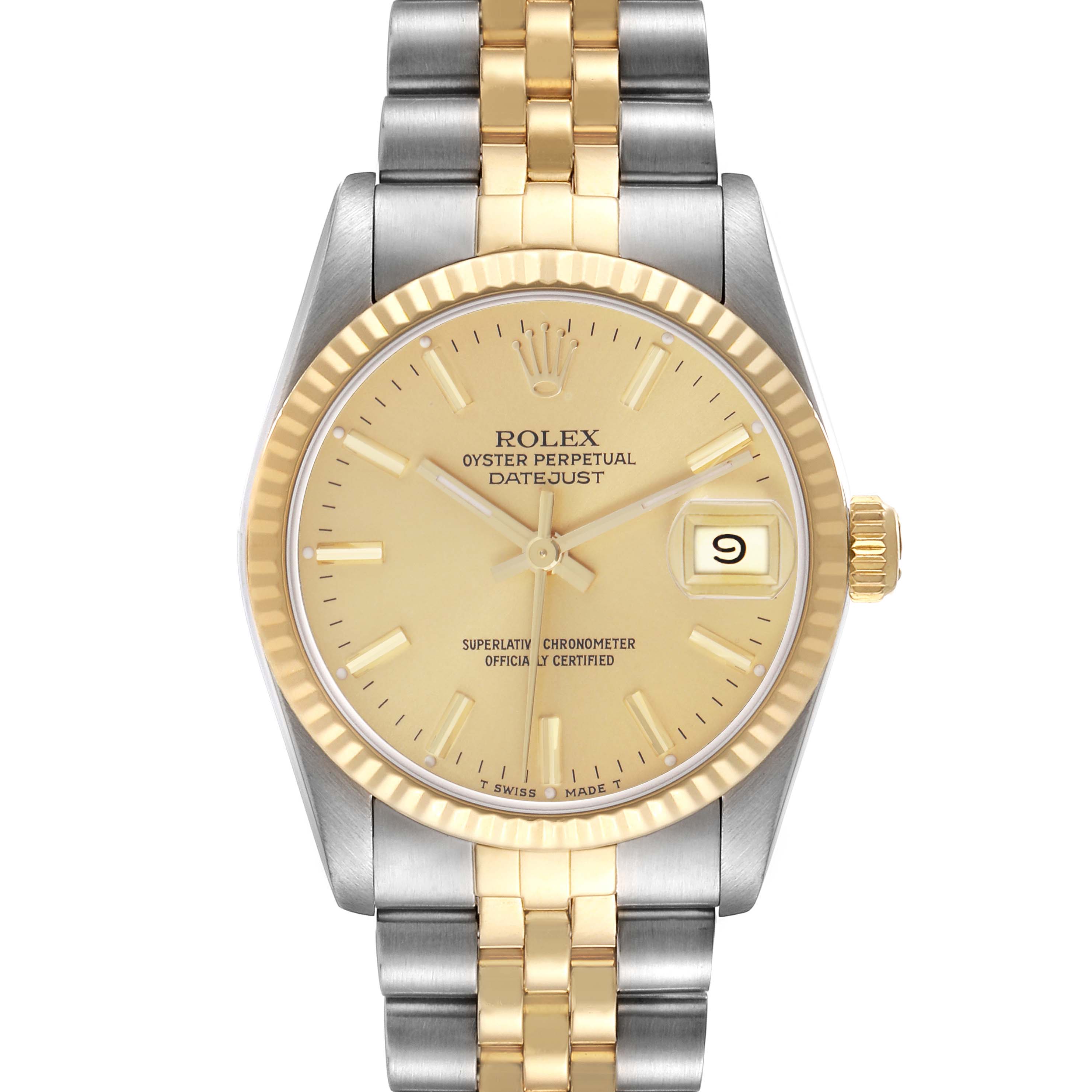 The Rolex Datejust model 68273 is shown from a straight-on angle, displaying the entire face, bezel, crown, and part of the two-tone bracelet.