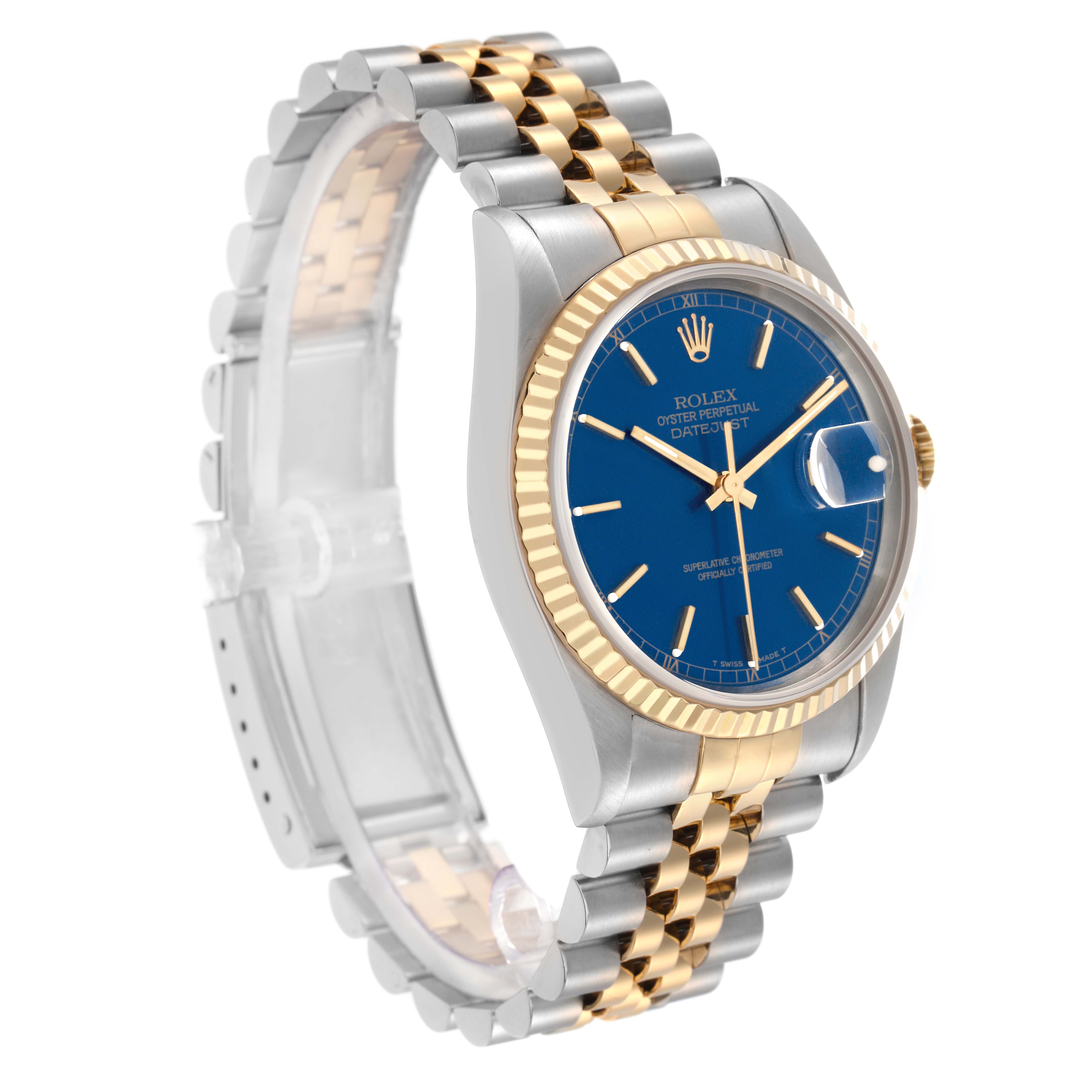 The Rolex Datejust model 16233 men's watch is shown at a three-quarter angle, highlighting the blue dial, fluted bezel, and two-tone Jubilee bracelet.