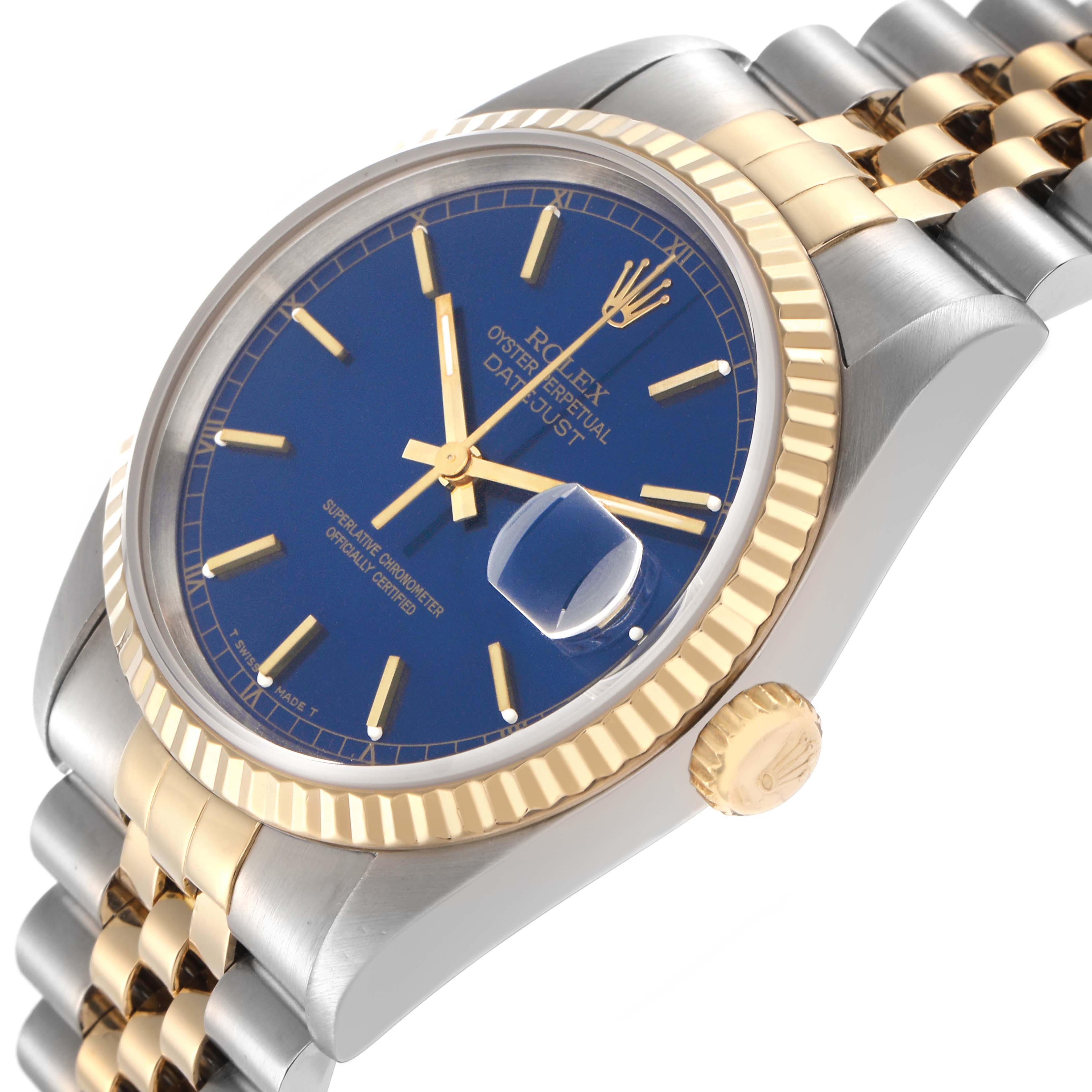 The Rolex Datejust model 16233 is shown from an angle highlighting the dial, bezel, crown, and the jubilee bracelet.