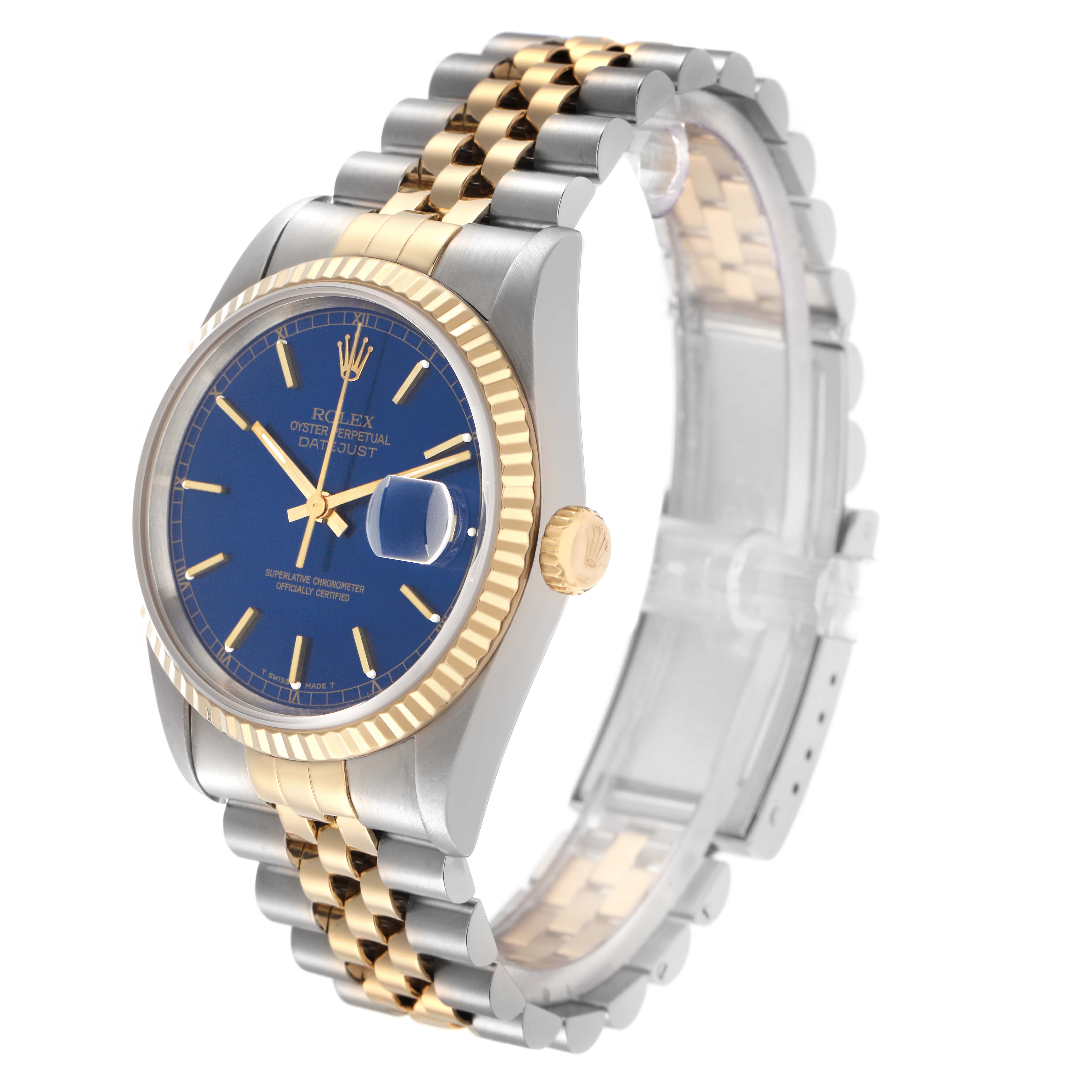The Rolex Datejust model 16233 men's watch is shown from a three-quarter angle, highlighting its blue dial, gold bezel, and two-tone Jubilee bracelet.