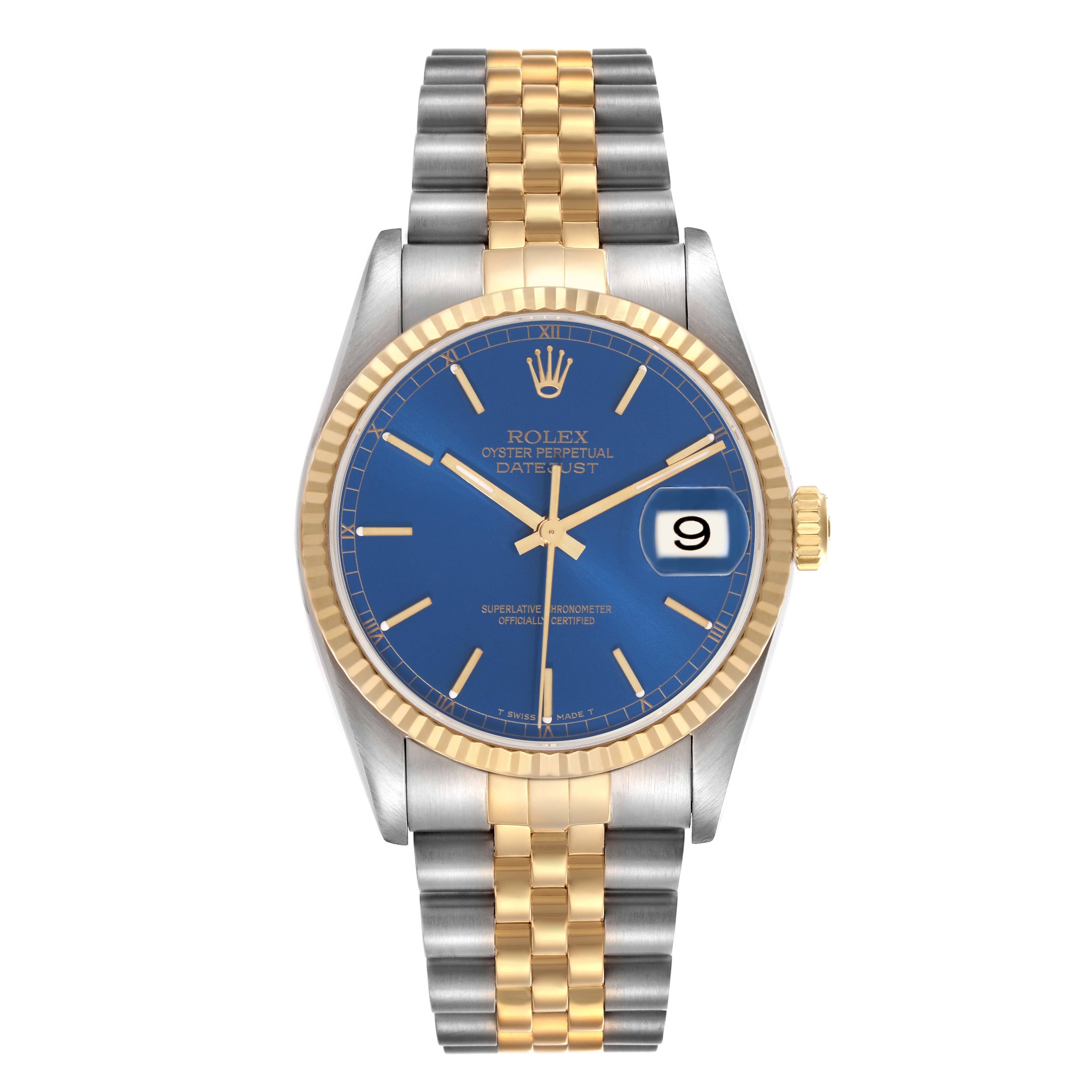 The Rolex Datejust model 16233 is shown from the front, displaying the blue dial, gold fluted bezel, and two-tone jubilee bracelet.
