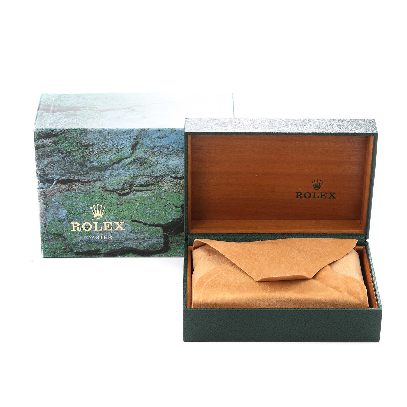 The image shows a Rolex Datejust model 16233 watch box with an open lid, revealing a tan suede pouch inside, set against a green textured outer box.