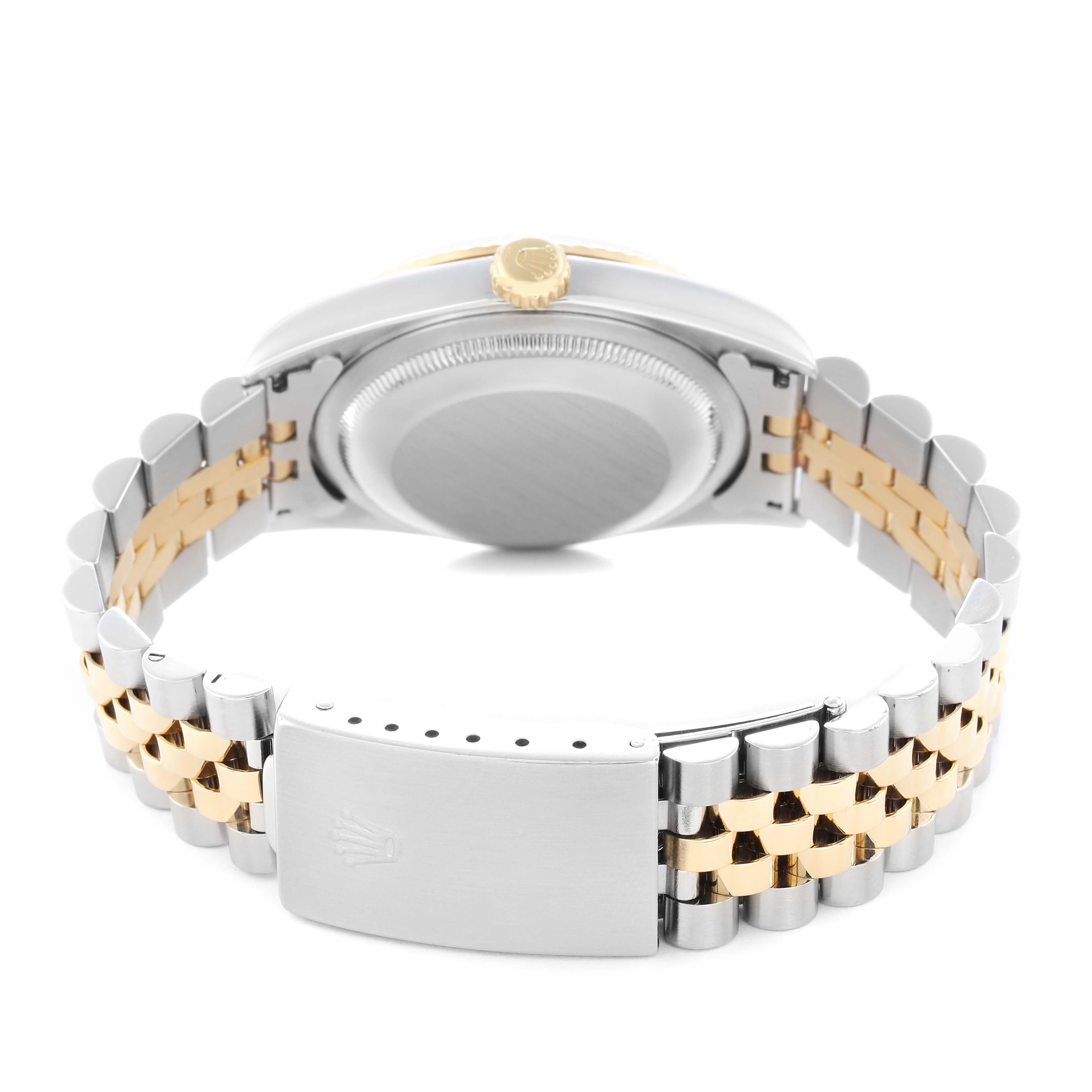 The image shows the back view of the Rolex Datejust model number 16233, focusing on the case back, crown, and two-tone bracelet with the clasp visible.