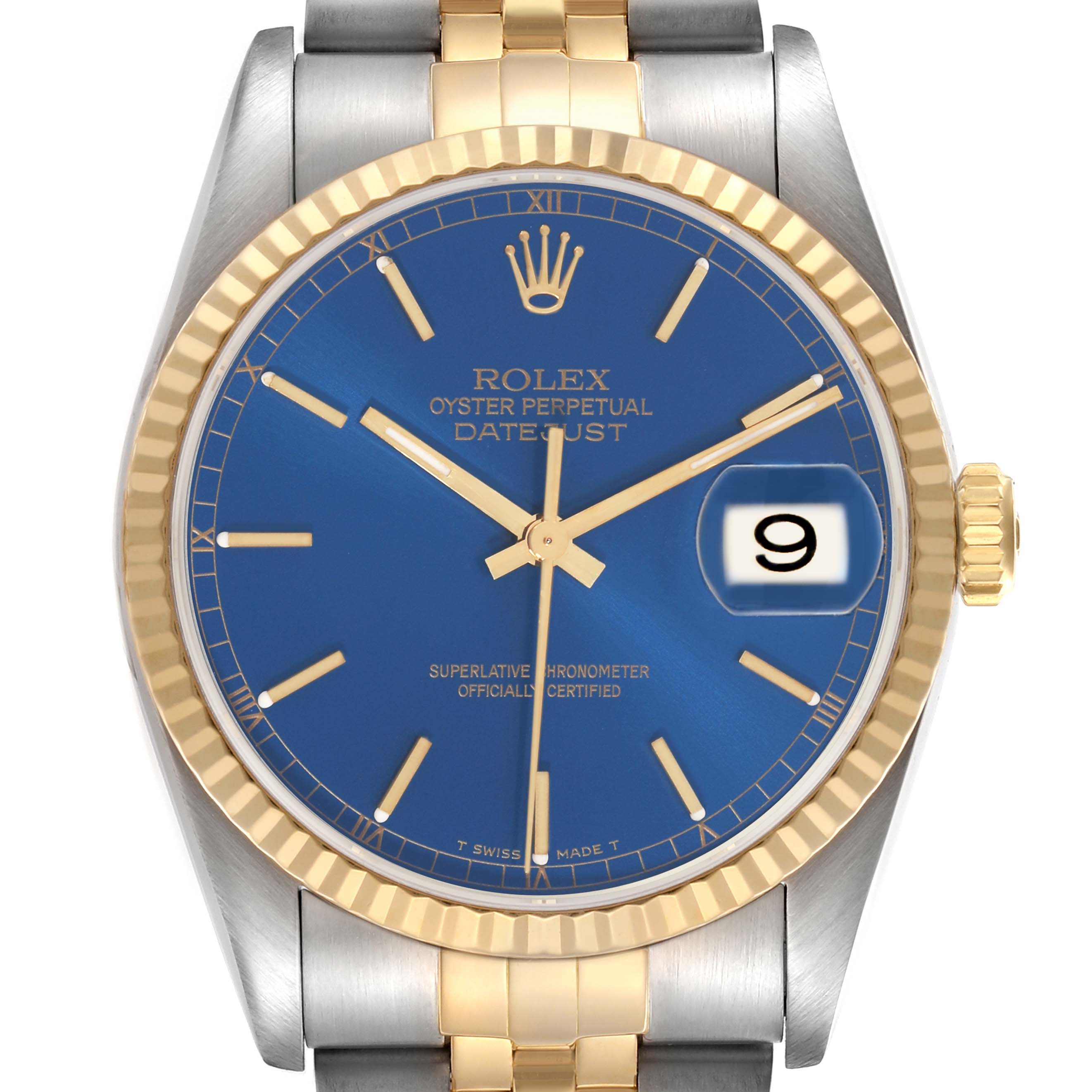 The image shows a front view of the Rolex Datejust model 16233 men's watch, highlighting the blue dial, gold fluted bezel, and Oyster bracelet.
