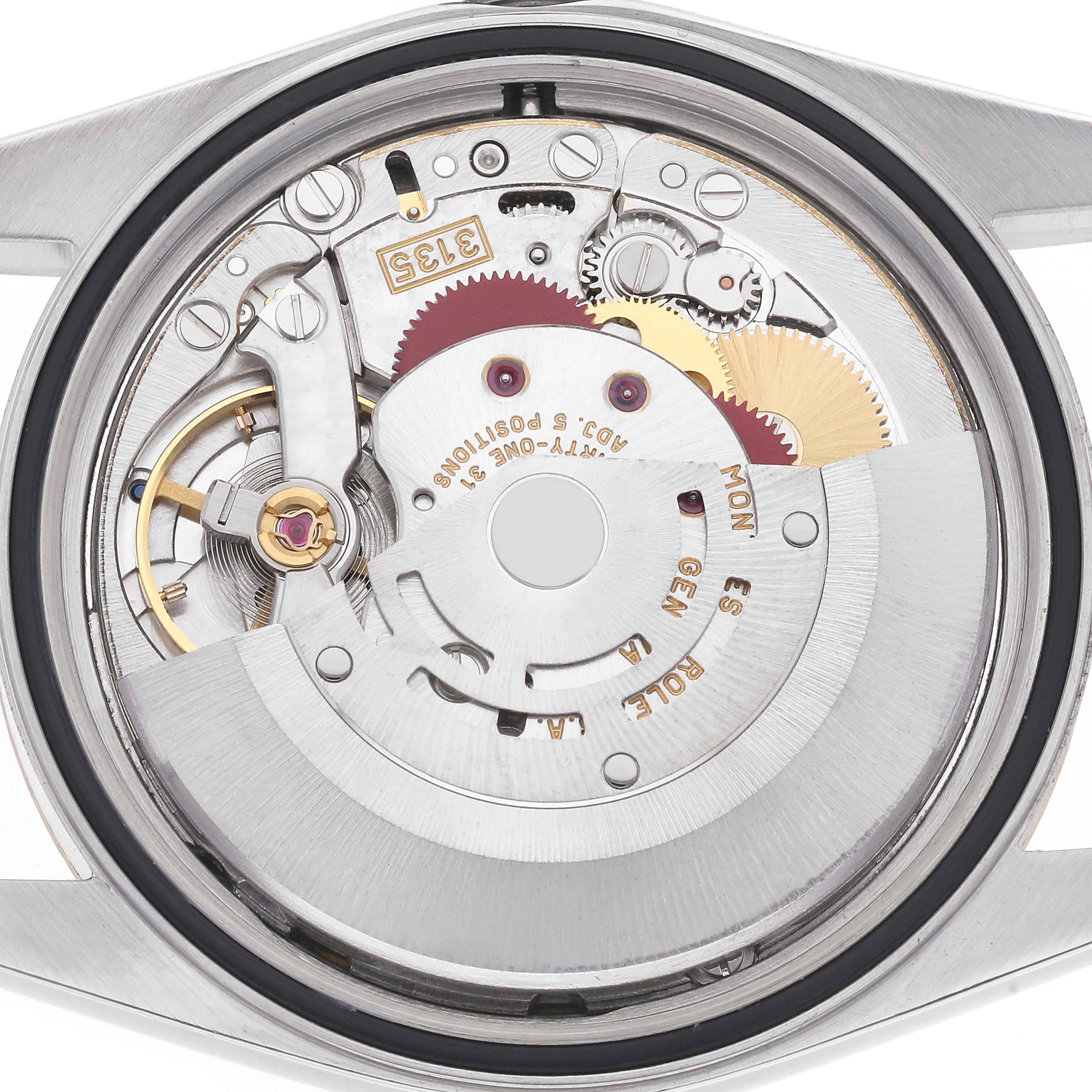 The image shows the movement of a Rolex Datejust model 16233 men's watch, viewed from the back with visible gears and components.