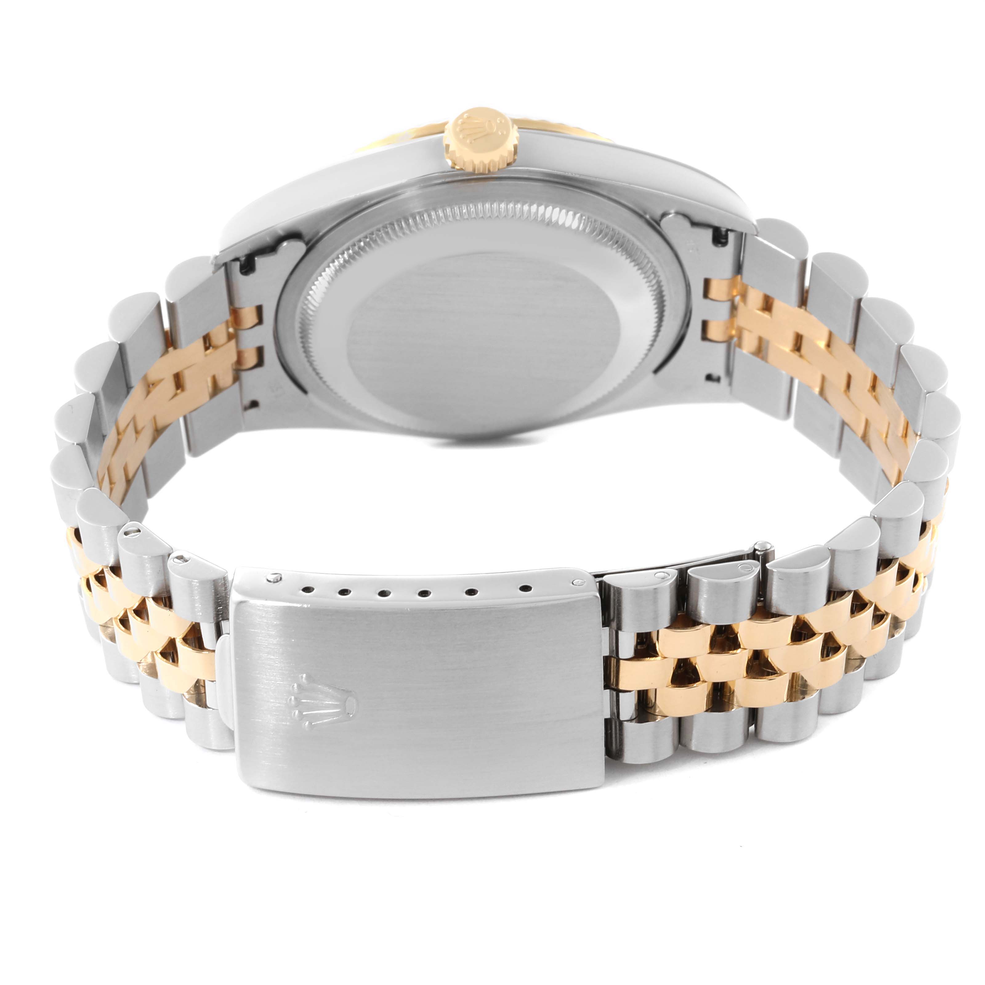 The image shows the back view of a Rolex Datejust 16233 Men's Steel and Gold (two tone) Champagne Dial 16233 Men's Steel and Gold (two tone) Champagne Dial watch, highlighting its case, crown, and two-tone bracelet with clasp.