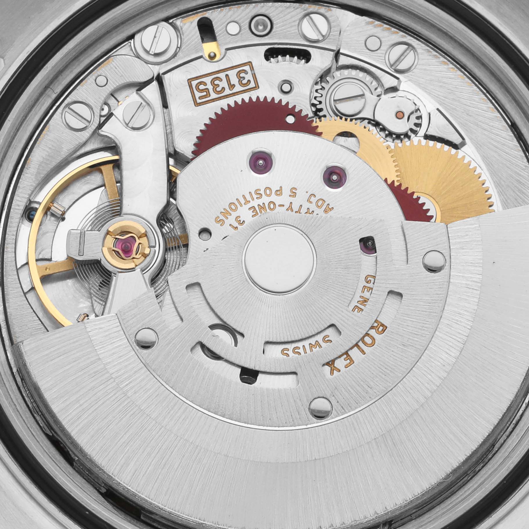 The image shows the internal mechanical movement of the Rolex Datejust 16233 Men's Steel and Gold (two tone) Champagne Dial 16233 Men's Steel and Gold (two tone) Champagne Dial watch, including gears and components.