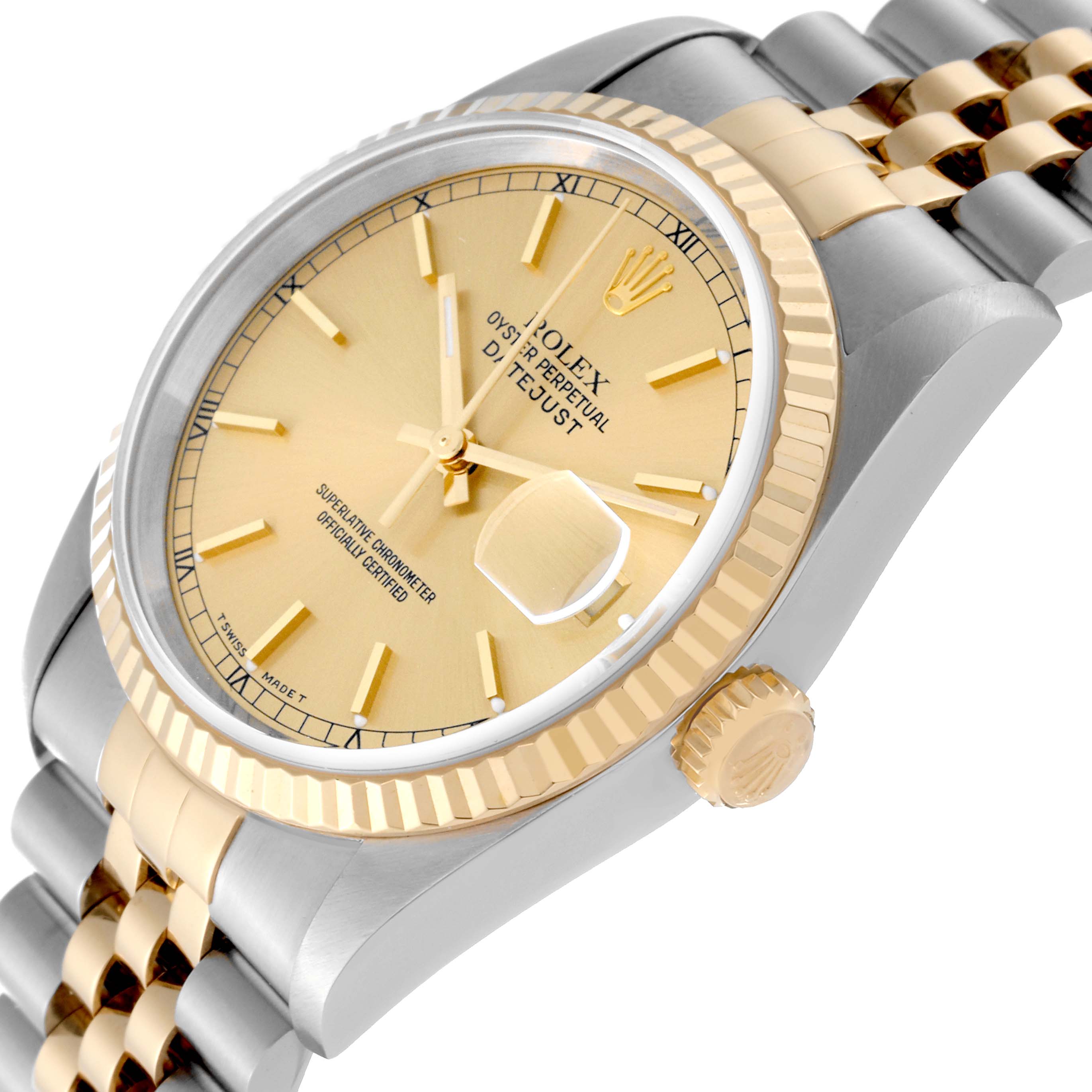 The Rolex Datejust 16233 Men's Steel and Gold (two tone) Champagne Dial 16233 Men's Steel and Gold (two tone) Champagne Dial watch is shown at an oblique angle, focusing on the dial, bezel, and part of the bracelet.