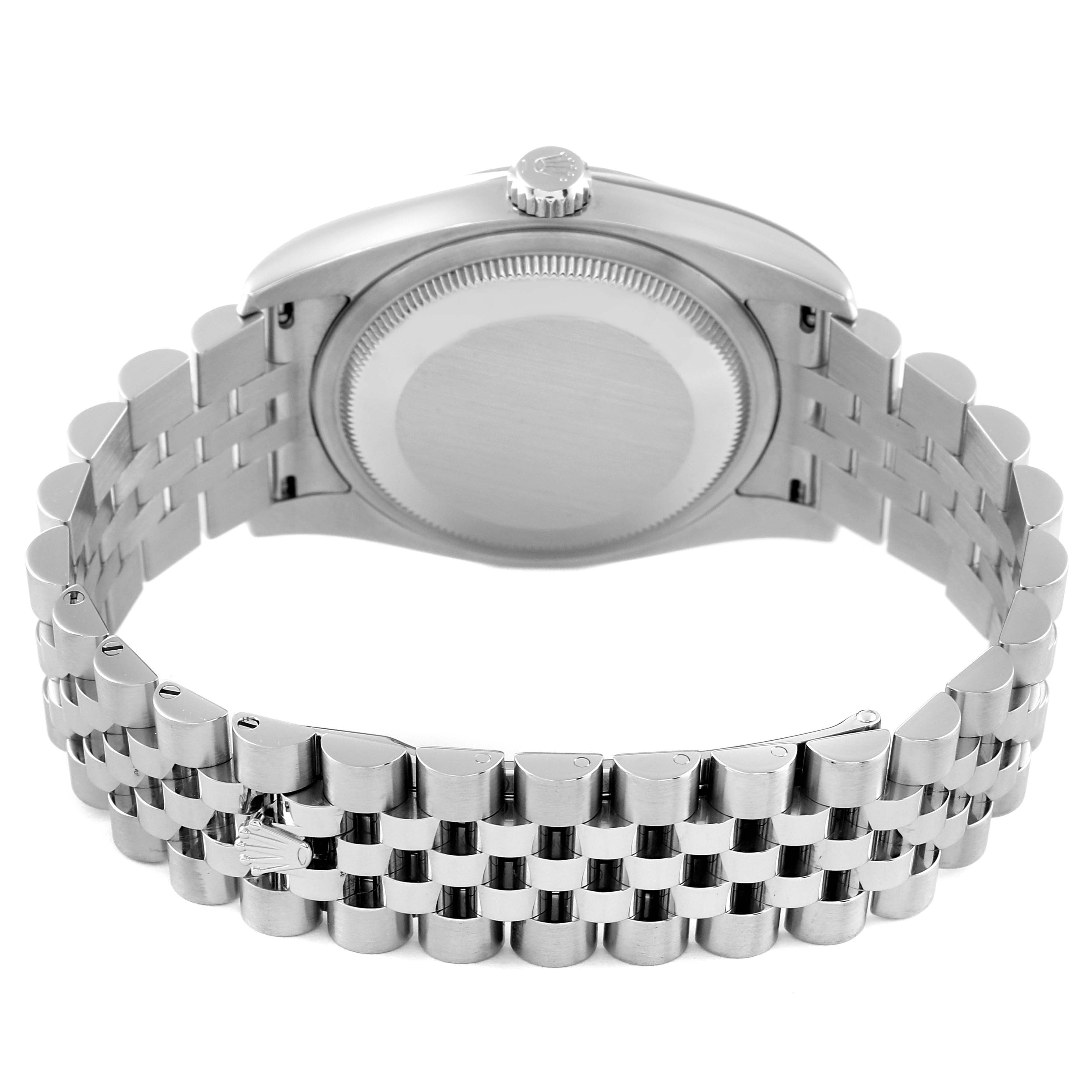 The image displays the back view of a Rolex Datejust 116200 Men's Stainless Steel White Dial 116200 Men's Stainless Steel White Dial watch, highlighting its case back and metal bracelet.