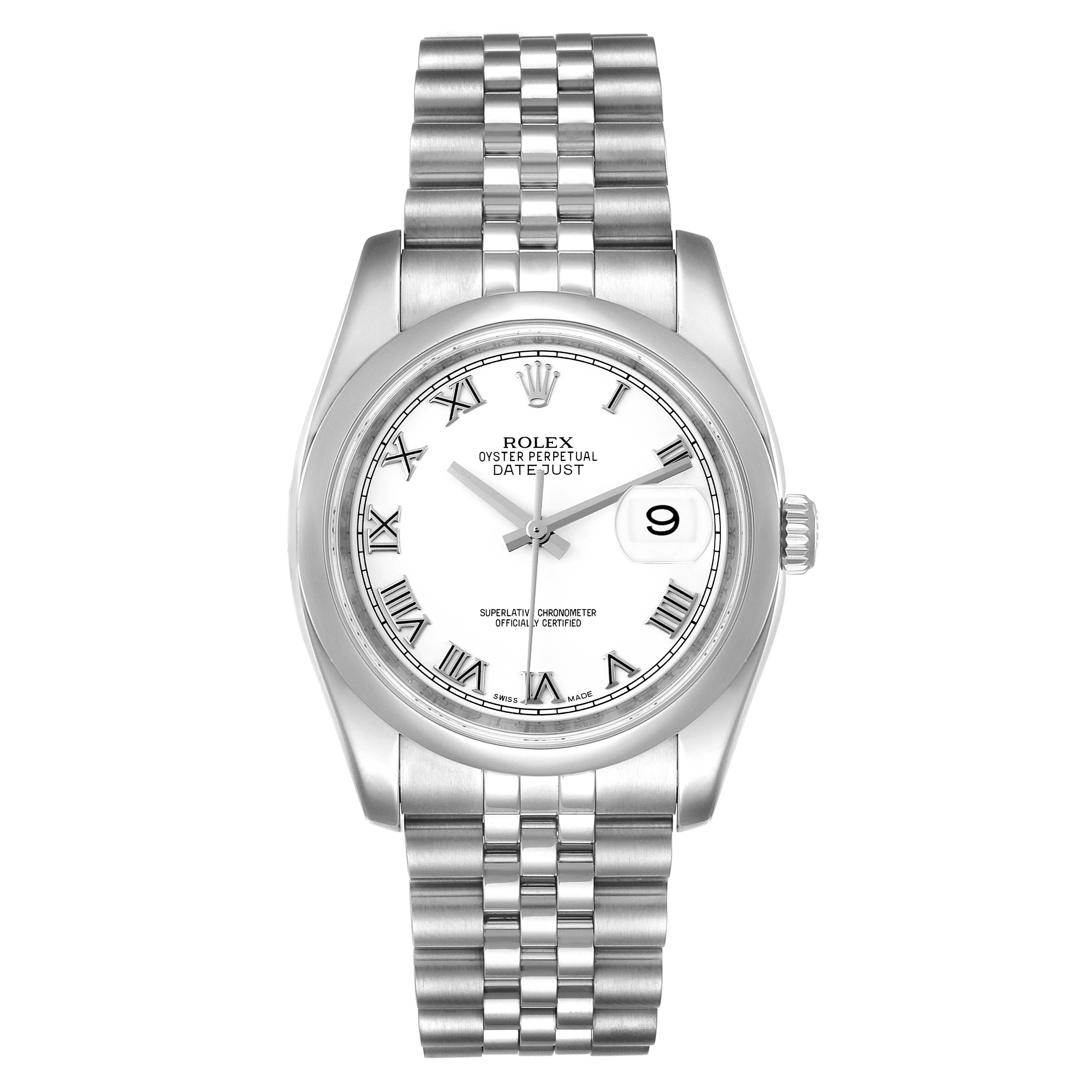 This is a front view of the Rolex Datejust 116200 Men's Stainless Steel White Dial 116200 Men's Stainless Steel White Dial watch, showing the face, bezel, crown, and bracelet.