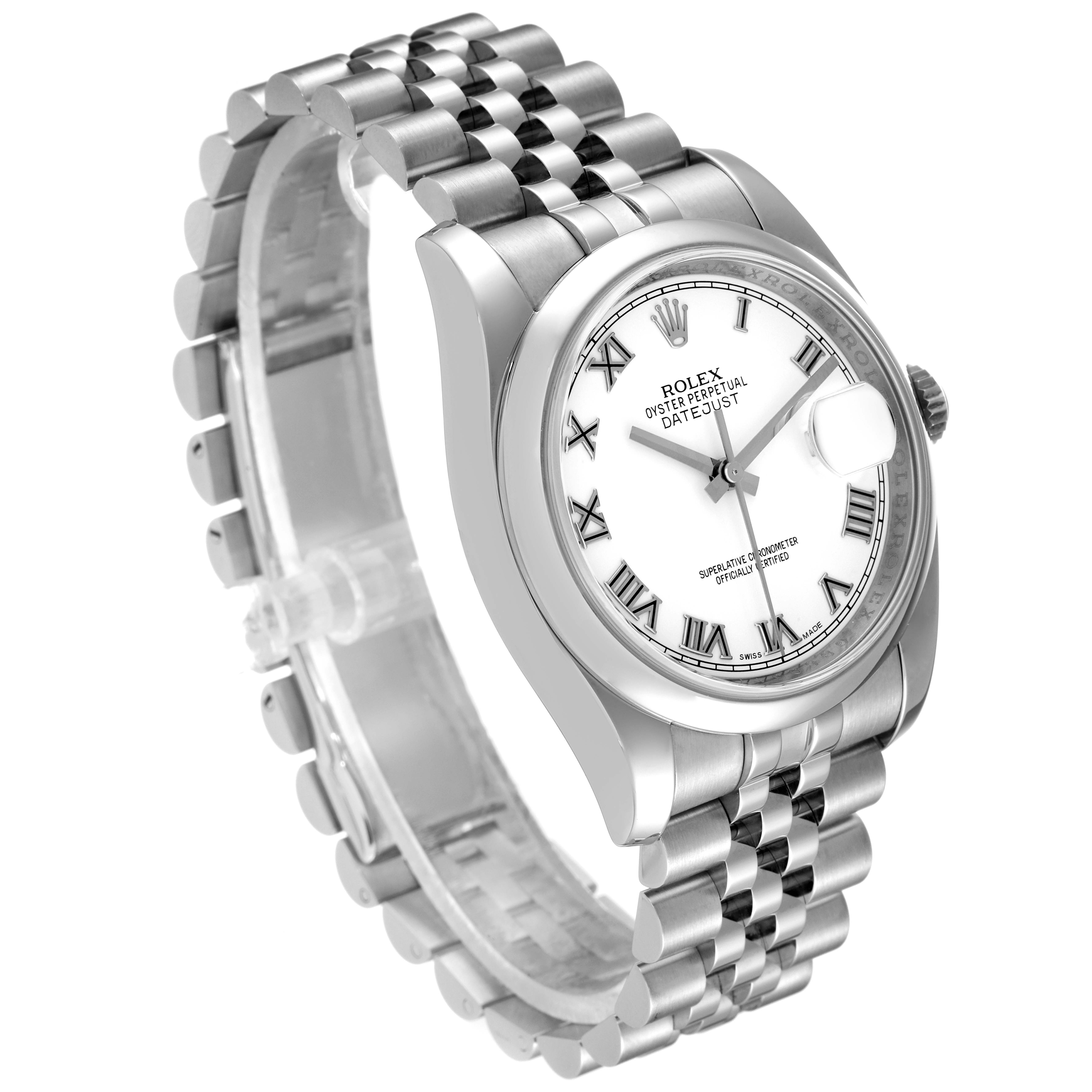 The image shows a Rolex Datejust 116200 Men's Stainless Steel White Dial 116200 Men's Stainless Steel White Dial watch at a three-quarter angle, highlighting the face, bezel, crown, and jubilee bracelet.