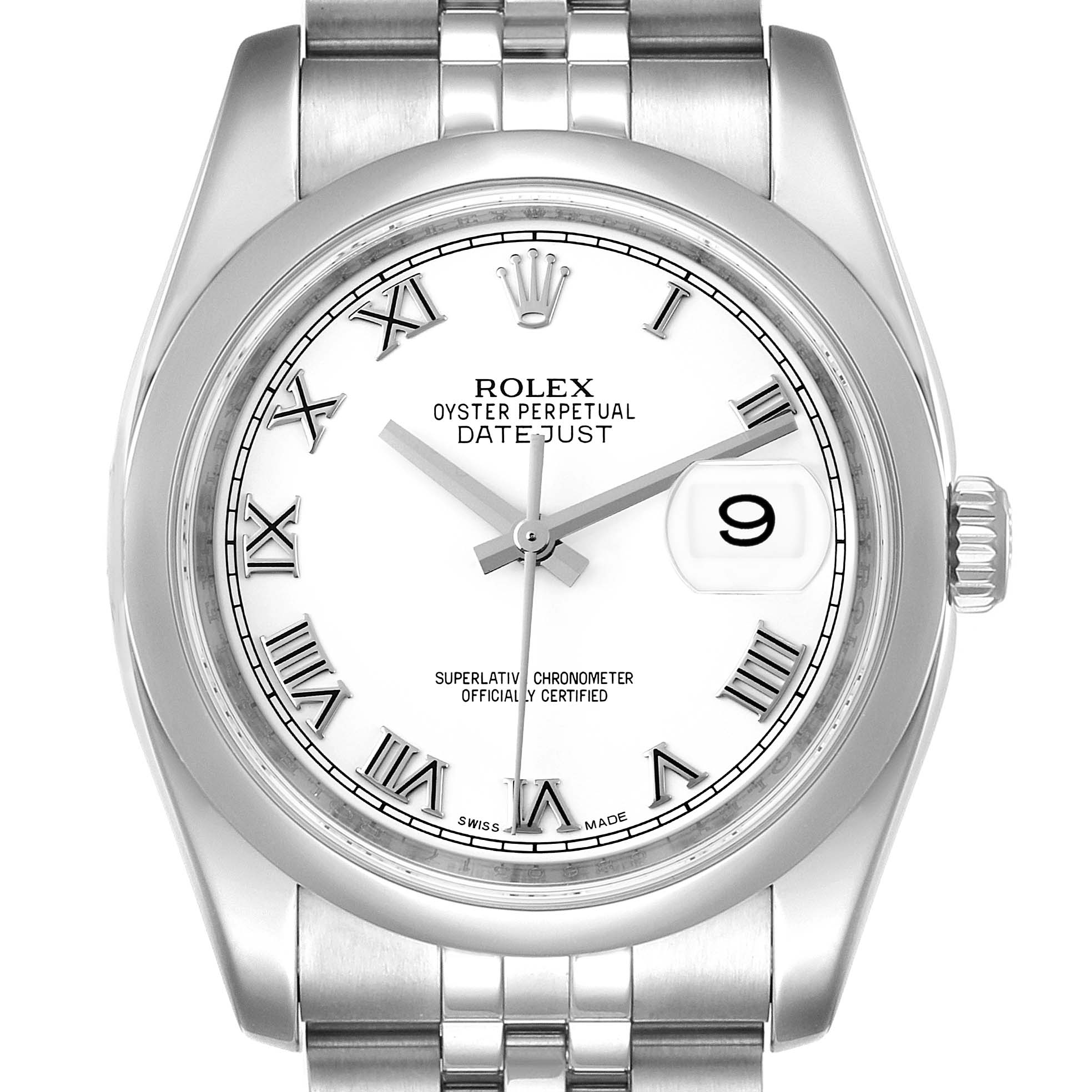 This image shows a front view of a Rolex Datejust 116200 Men's Stainless Steel White Dial 116200 Men's Stainless Steel White Dial watch, highlighting the dial, bracelet, and date window.