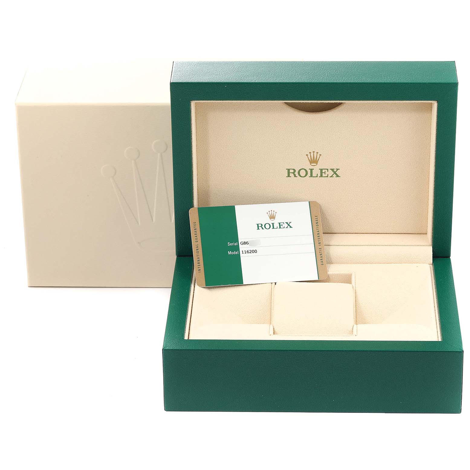 The image shows the packaging, storage box, and warranty card for a Rolex Datejust 116200 Men's Stainless Steel White Dial 116200 Men's Stainless Steel White Dial model watch.
