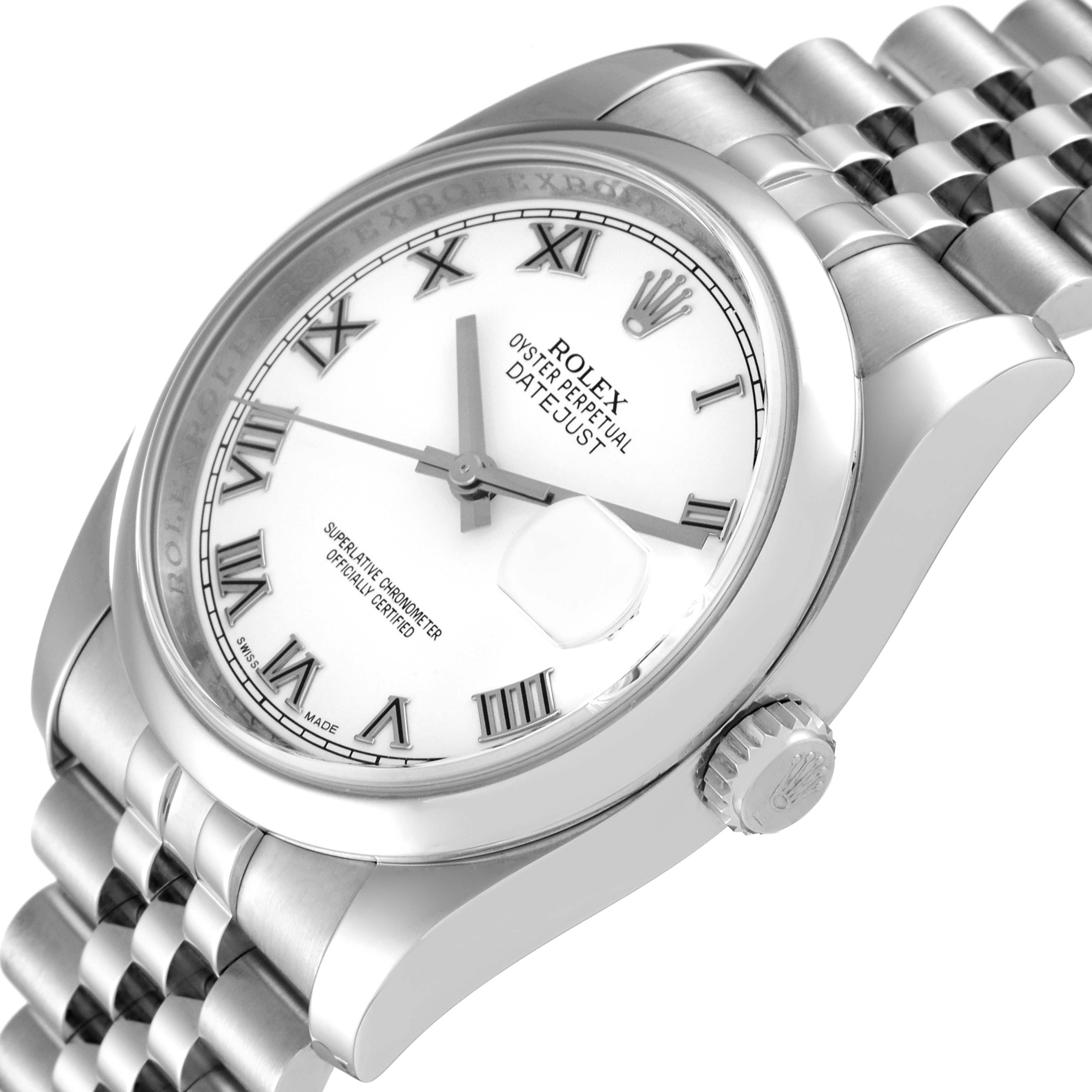 The image shows a close-up angle of a Rolex Datejust 116200 Men's Stainless Steel White Dial 116200 Men's Stainless Steel White Dial watch featuring the face, bezel, crown, and part of the bracelet.