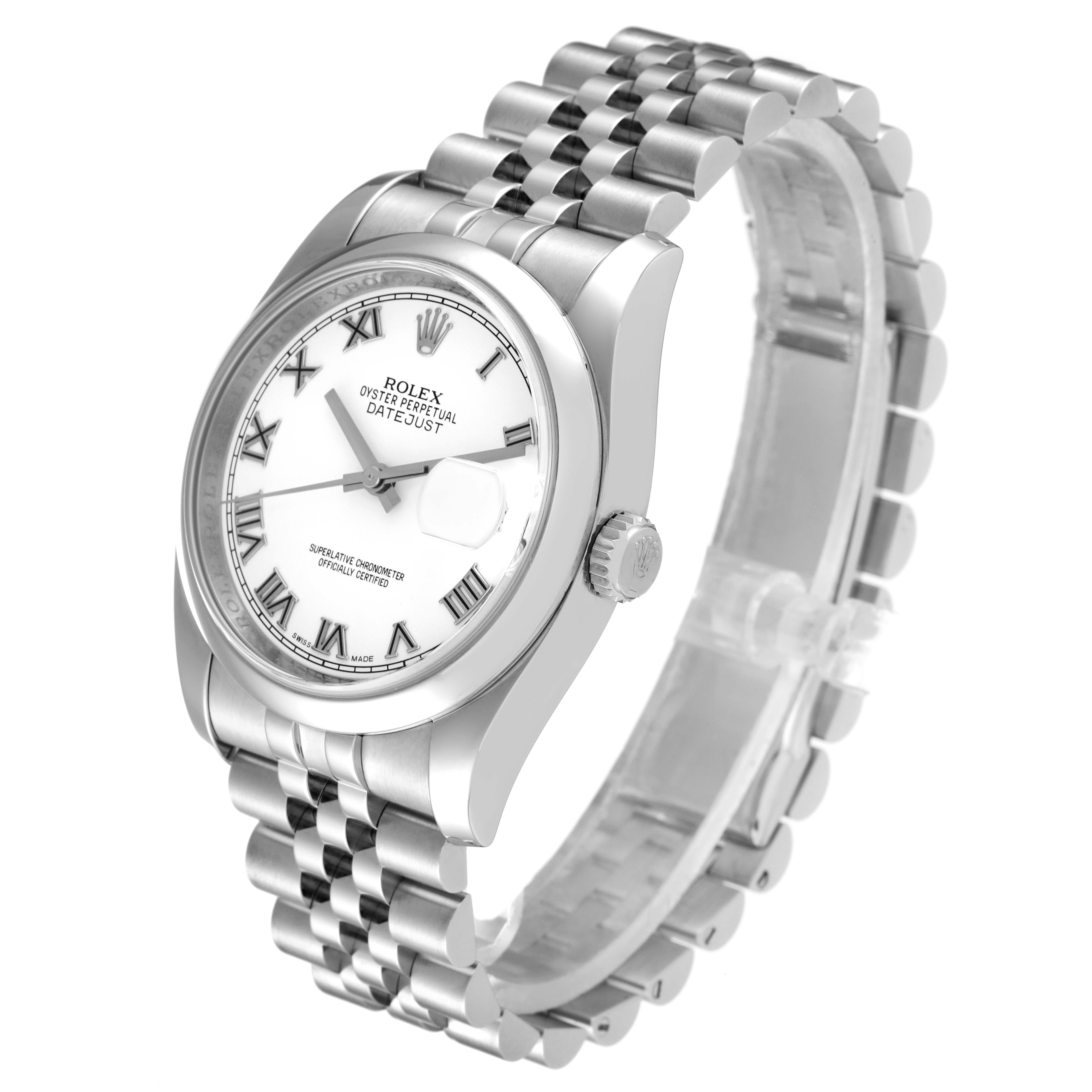 This Rolex Datejust 116200 Men's Stainless Steel White Dial 116200 Men's Stainless Steel White Dial watch is shown from a three-quarter angle, displaying the case, dial, and bracelet.